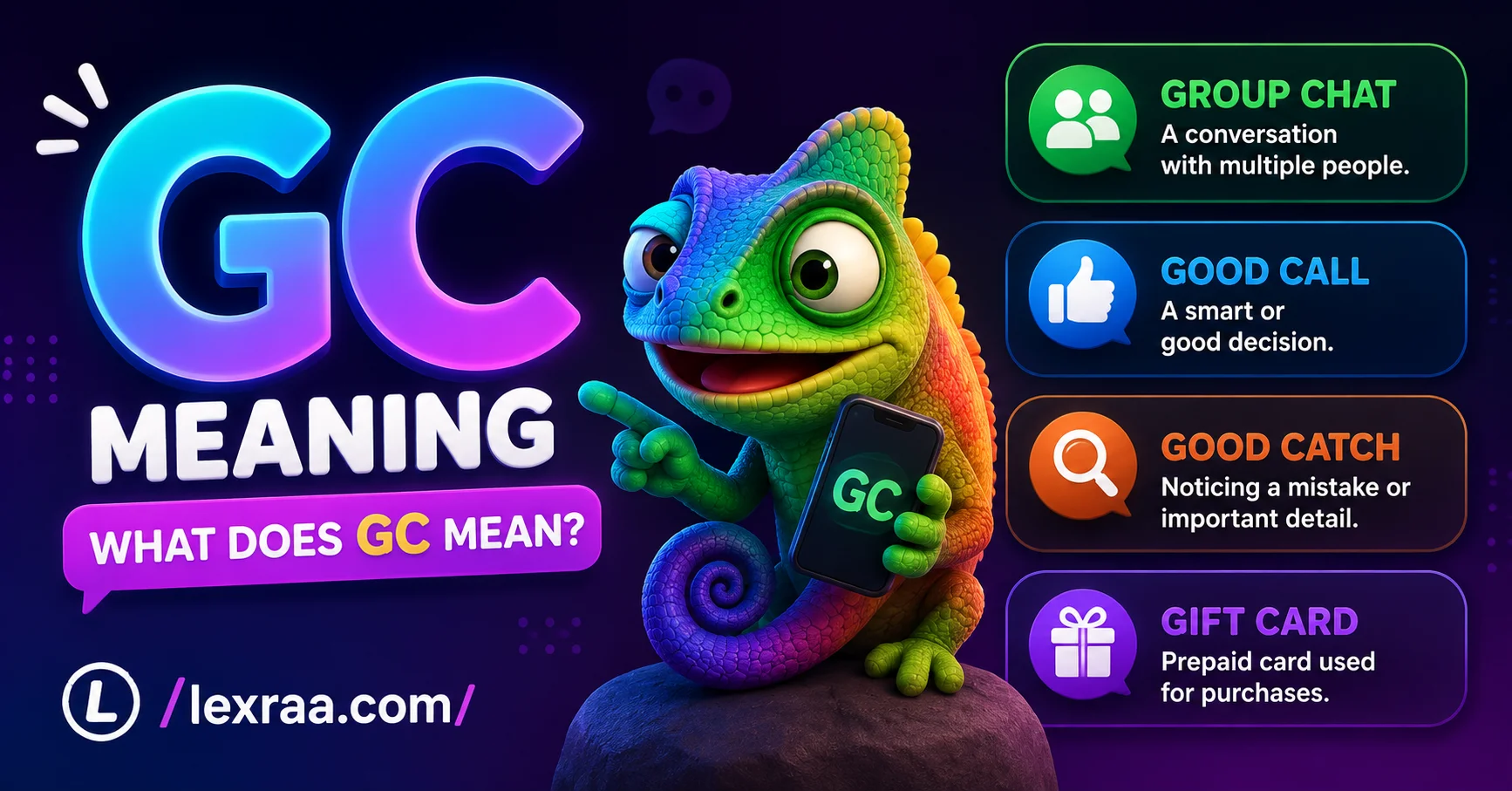 “GC meaning” featured image showing a colorful 3D chameleon holding a smartphone, with the main meanings of GC—Group Chat, Good Call, Good Catch, and Gift Card—displayed in clean panels,