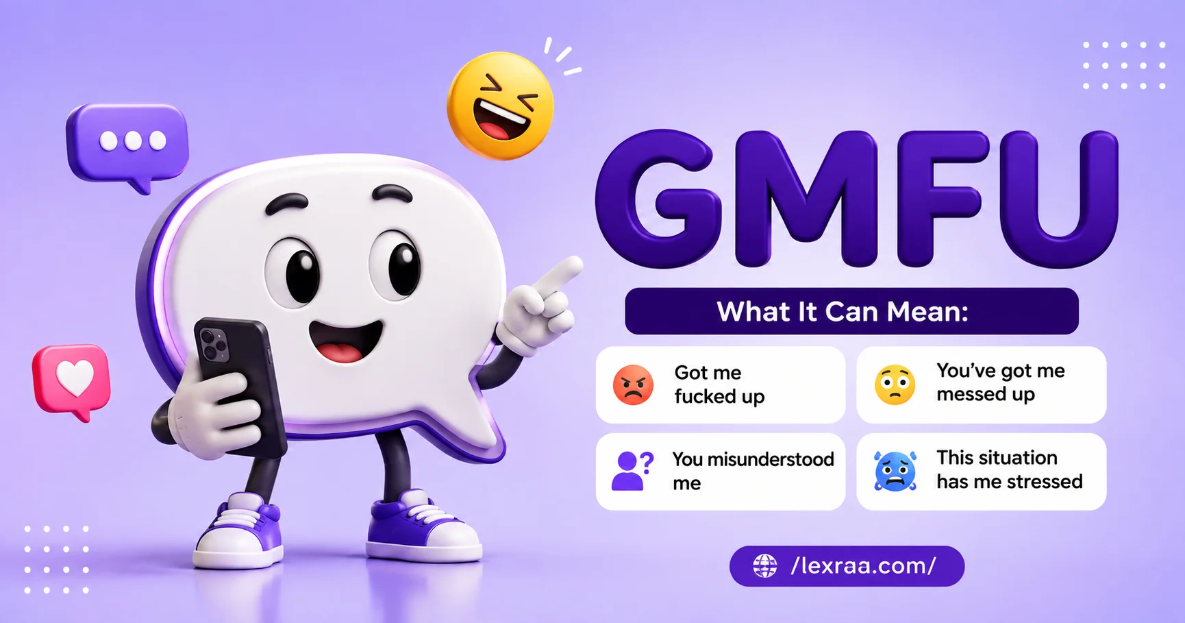 “3D chat bubble mascot holding a smartphone beside the keyword ‘GMFU,’ with simple visual meanings including ‘got me fucked up,’ ‘you’ve got me messed up,’ ‘you misunderstood me,’ and ‘this situation has me stressed,’