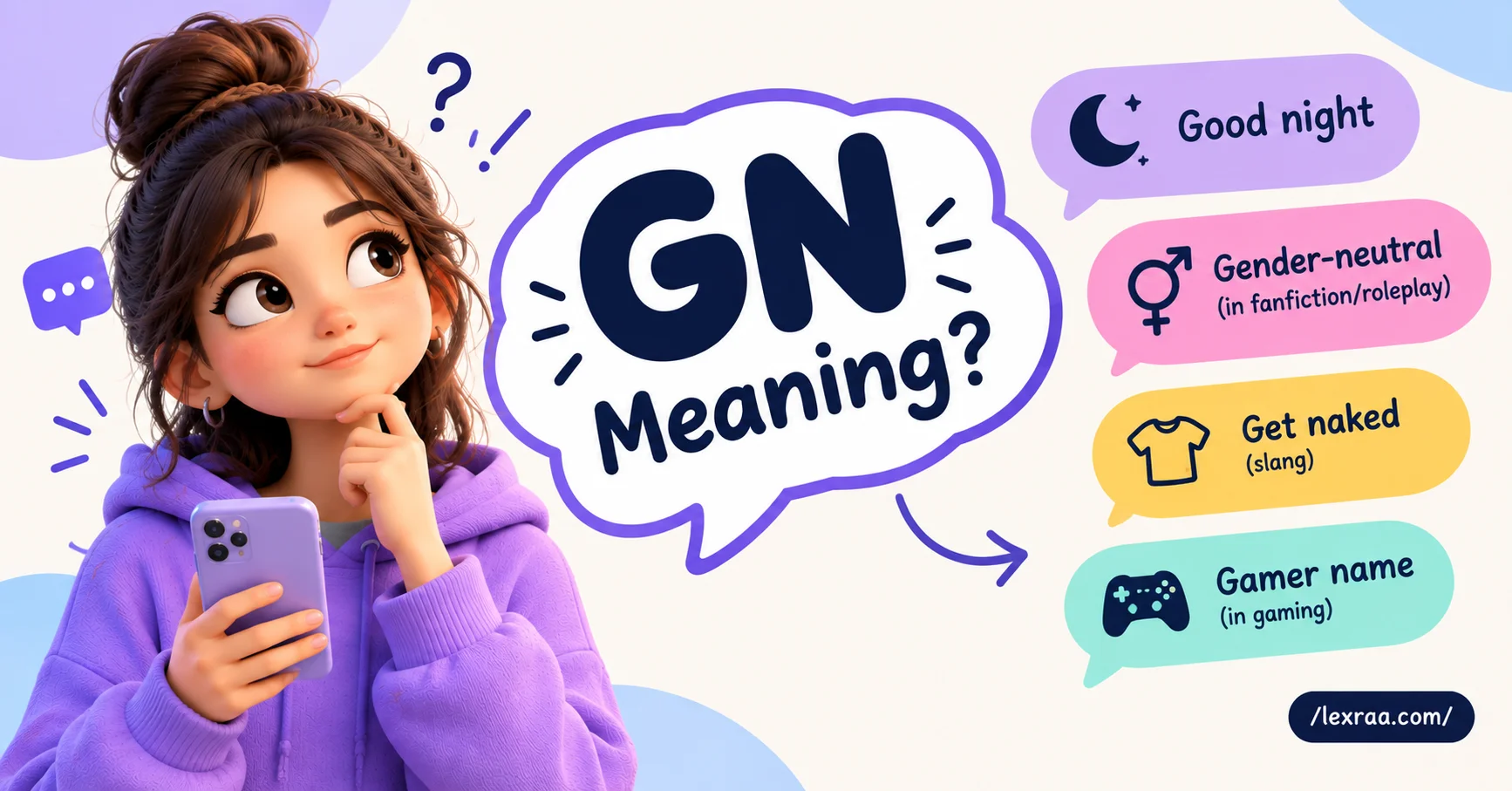 GN meaning in chat explained with a cartoon character holding a smartphone, showing possible meanings “Good Night,” “Gender-neutral,” “Get Naked,” and “Gamer Name,”