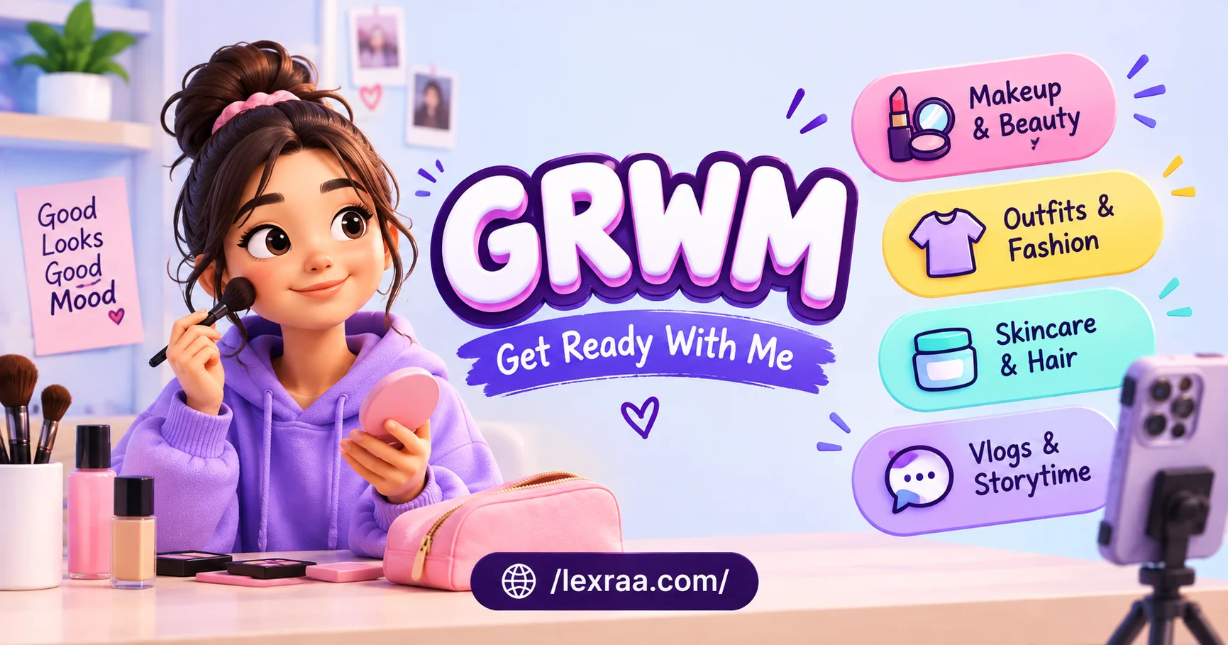 Featured image explaining “GRWM” meaning “Get Ready With Me,” showing a girl applying makeup with beauty products, a smartphone camera, and categories for makeup, fashion, skincare, and vlogs.