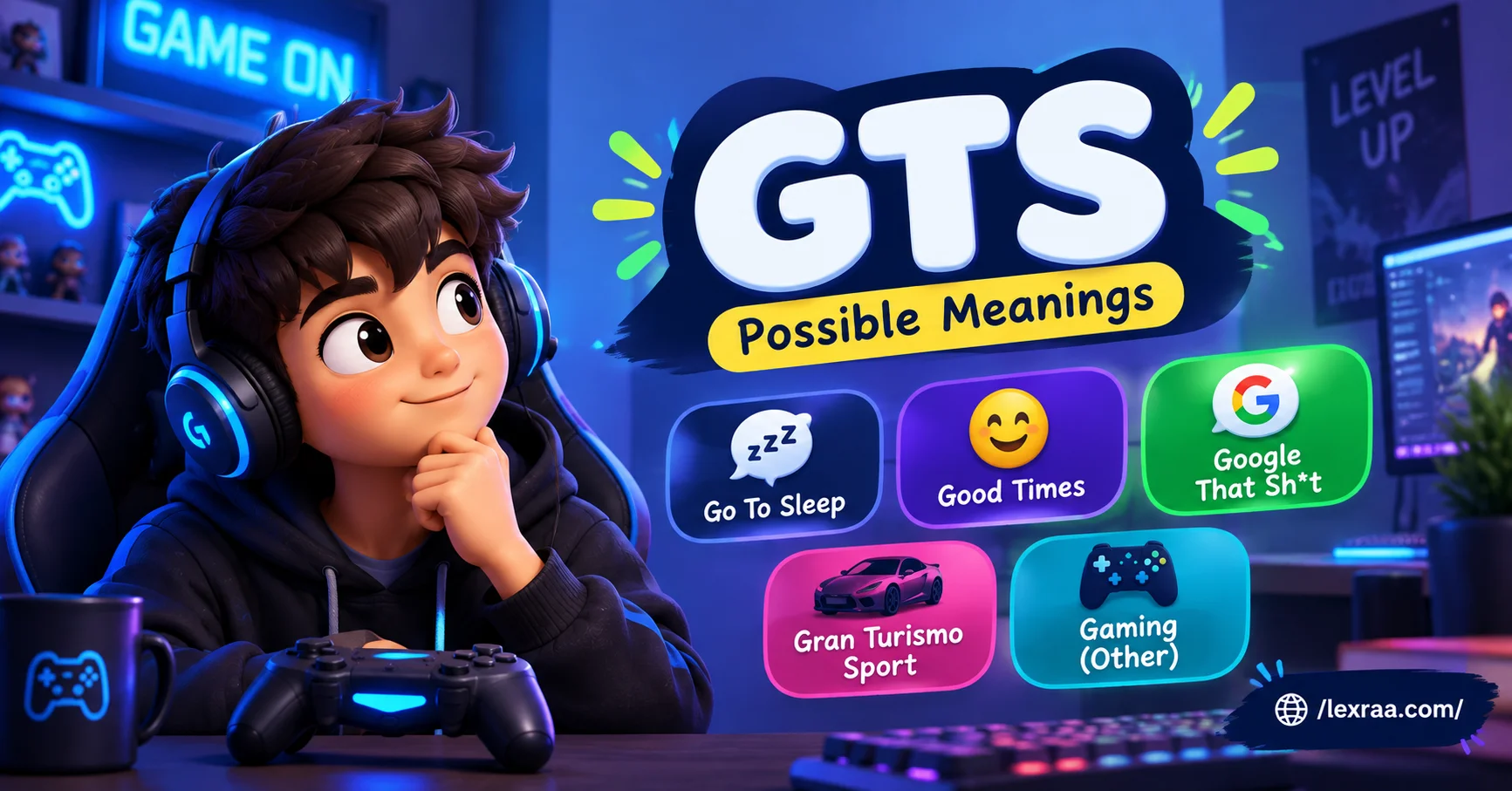 GTS meaning in gaming and texting, featuring a cartoon gamer with a headset and controller, plus possible meanings like Go To Sleep, Good Times, Google That Sh*t, and Gran Turismo Sport,