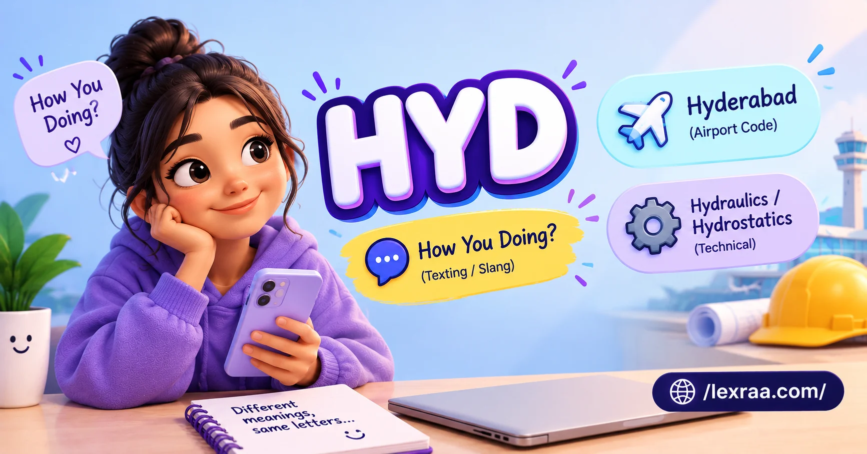 Colorful 3D illustration of a cartoon woman holding a smartphone beside the large keyword “HYD,” showing “How You Doing?” for texting/slang, “Hyderabad” as an airport code, and “Hydraulics/Hydrostatics” as a technical meaning,