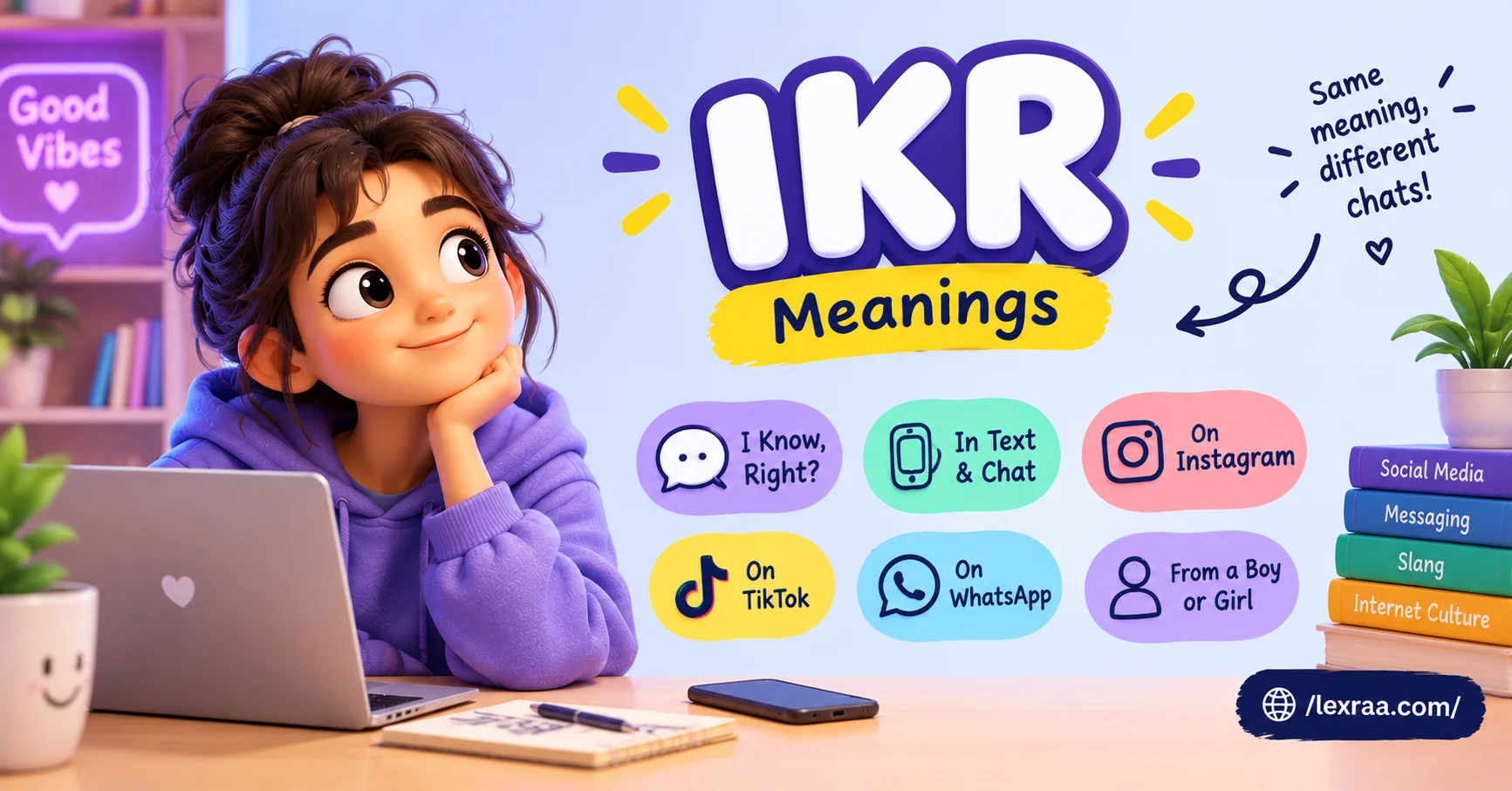 iKR meaning featured image showing a cartoon girl using a laptop, with “IKR” prominently displayed alongside “I Know, Right?”, texting, Instagram, TikTok, WhatsApp, and casual chat references, plus /lexraa.com/.