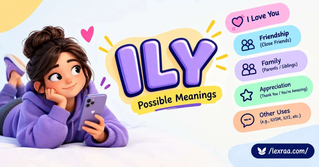“ILY meaning in text explained with a 3D cartoon girl holding a smartphone, showing ‘I Love You,’ friendship, family, appreciation, and other uses, with /lexraa.com/ branding.”
