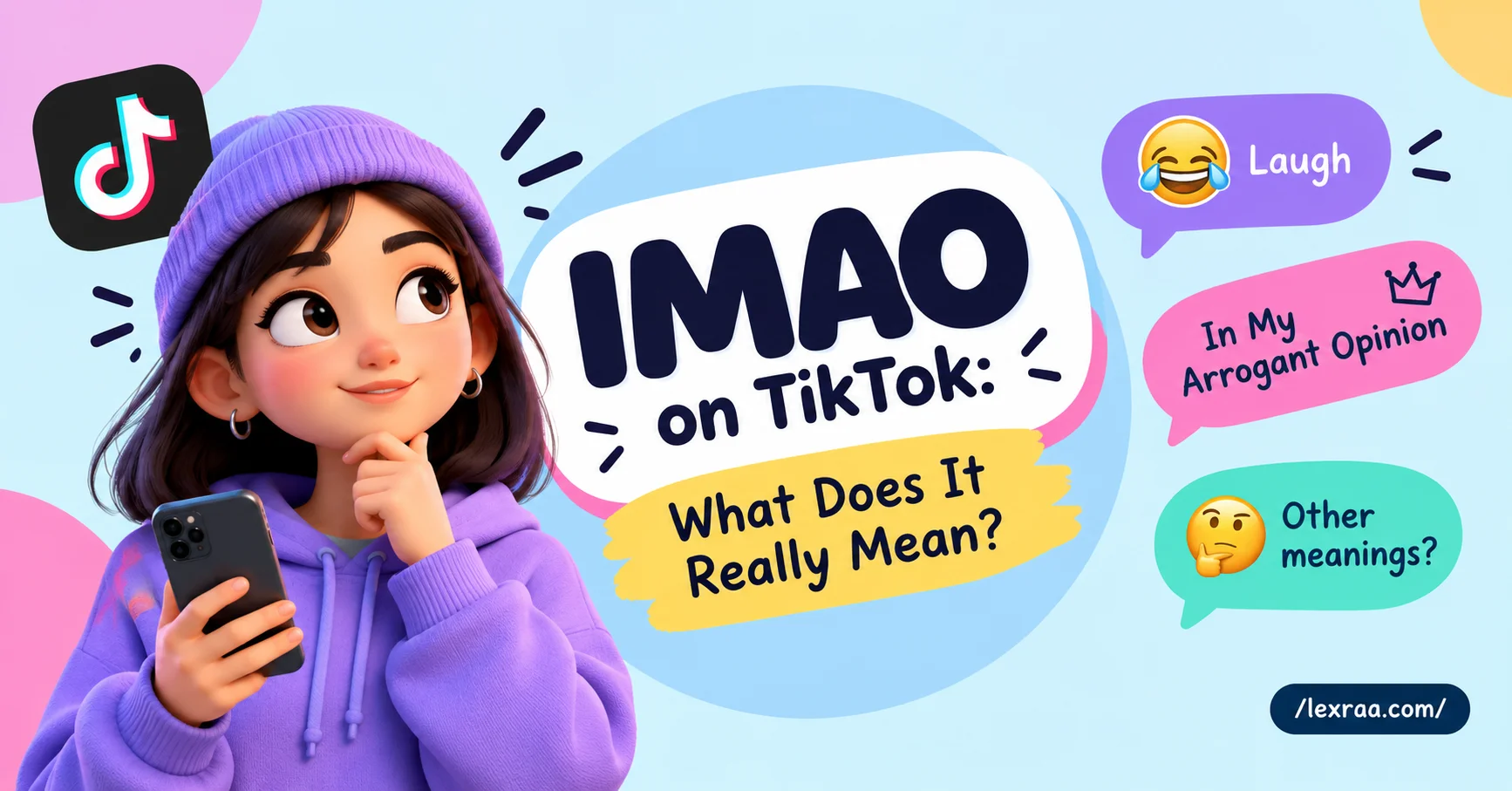 IMAO on TikTok meaning explained with a 3D character, showing “In My Arrogant Opinion” and the difference from laughter-related slang.