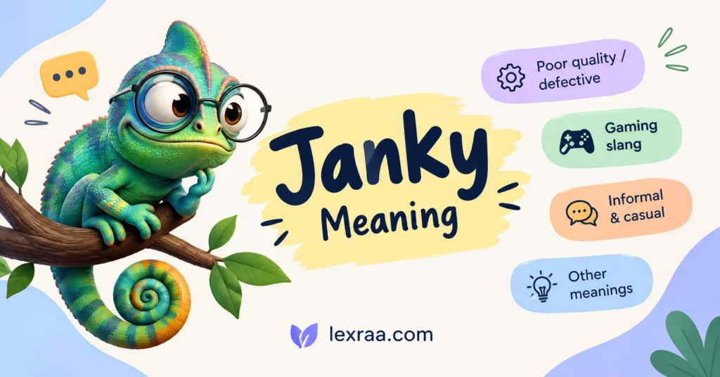 Janky Meaning featured image with a colorful chameleon and keywords highlighting poor quality, gaming slang, informal usage, and other meanings.