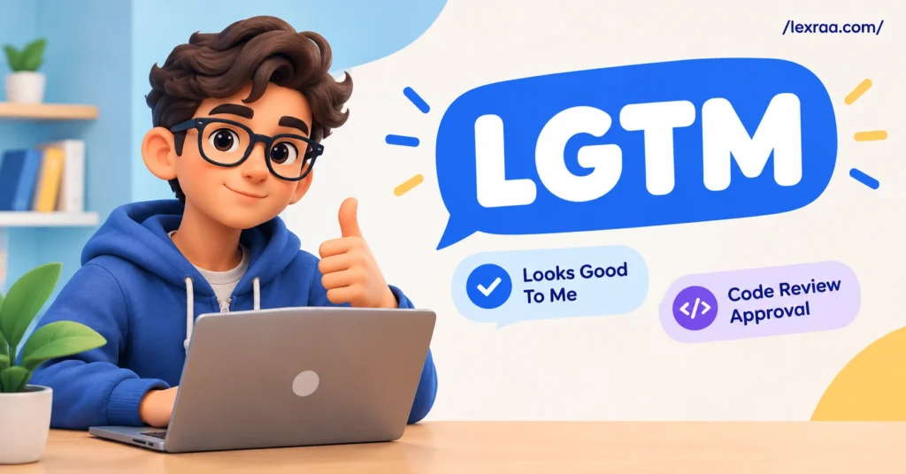 LGTM meaning in chat, illustrated by a 3D character giving a thumbs-up beside a laptop, with “Looks Good To Me” and “Code Review Approval” shown in speech bubbles.