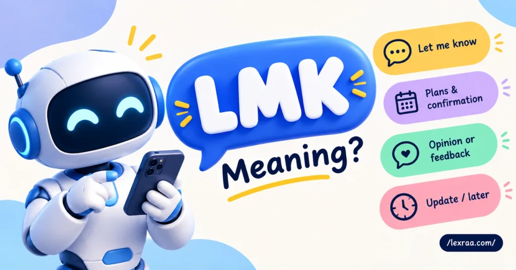 LMK meaning in text, featuring a friendly robot holding a smartphone with “Let Me Know” and related meanings for plans, feedback, and updates.