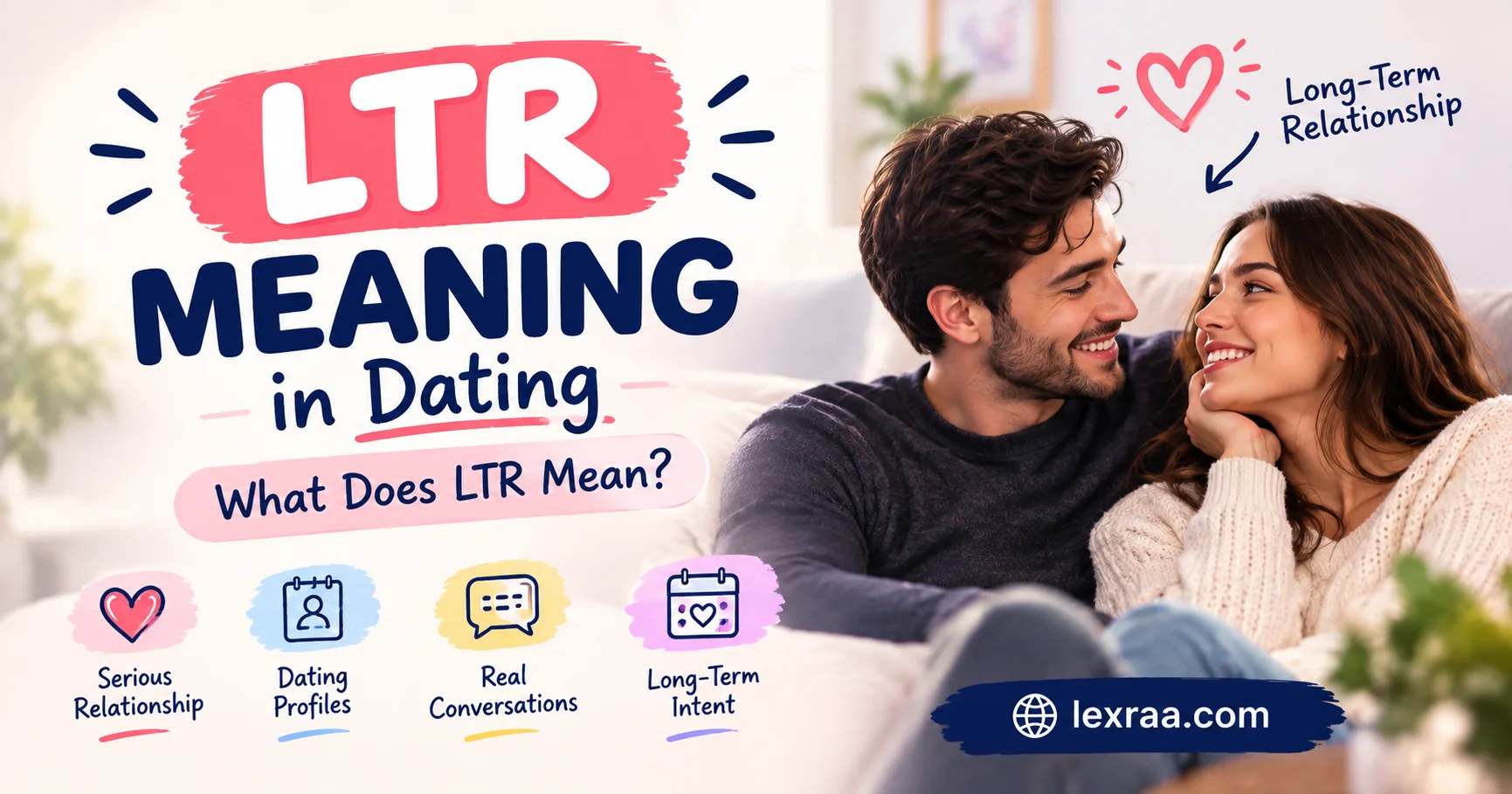 Featured image explaining “LTR meaning in dating,” showing a couple in a cozy setting with a heart icon and labels for serious relationships, dating profiles, real conversations, and long-term intent,