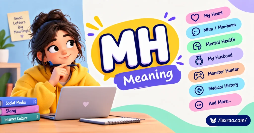 MH Meaning explained with a thoughtful 3D cartoon character using a laptop, showing “My Heart,” “Mhm / Mm-hmm,” “Mental Health,” “My Husband,” “Monster Hunter,” and “Medical History,”