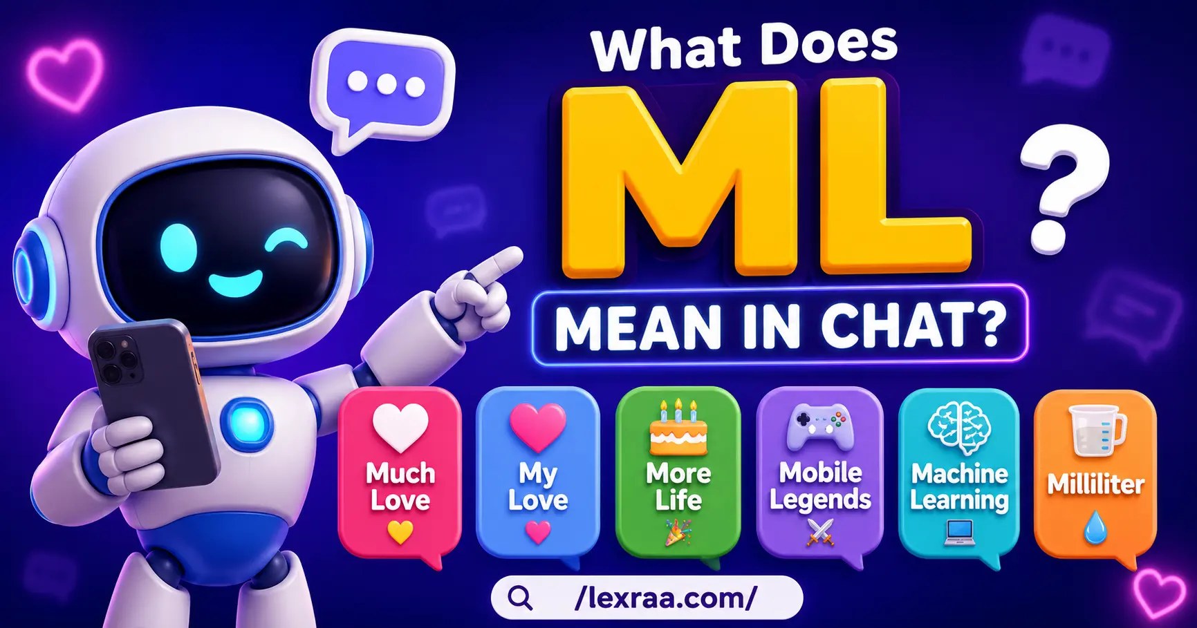 Friendly 3D robot holding a smartphone beside “ML,” with colorful cards showing “Much Love,” “My Love,” “More Life,” “Mobile Legends,” “Machine Learning,” and “Milliliter,”