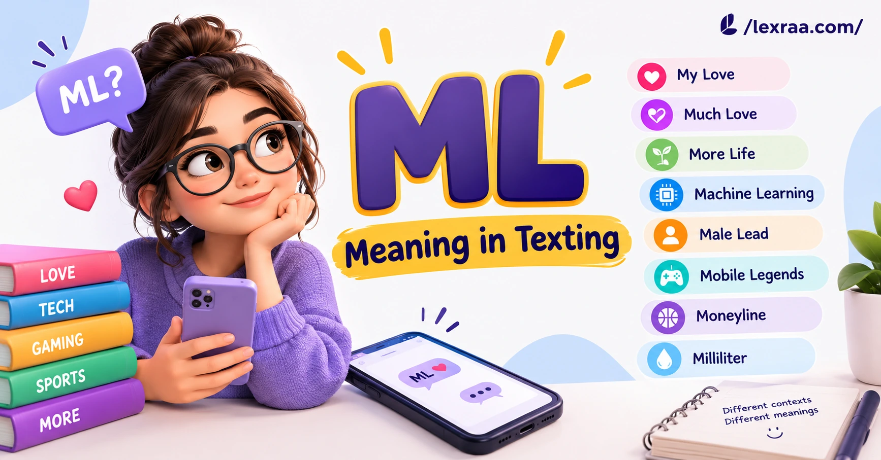 ML meaning in text featured image showing a 3D character holding a smartphone beside bold purple “ML” lettering. It highlights eight possible meanings: “My Love,” “Much Love,” “More Life,” “Machine Learning,” “Male Lead,” “Mobile Legends,” “Moneyline,” and “Milliliter,” with colorful icons and /lexraa.com/ branding.