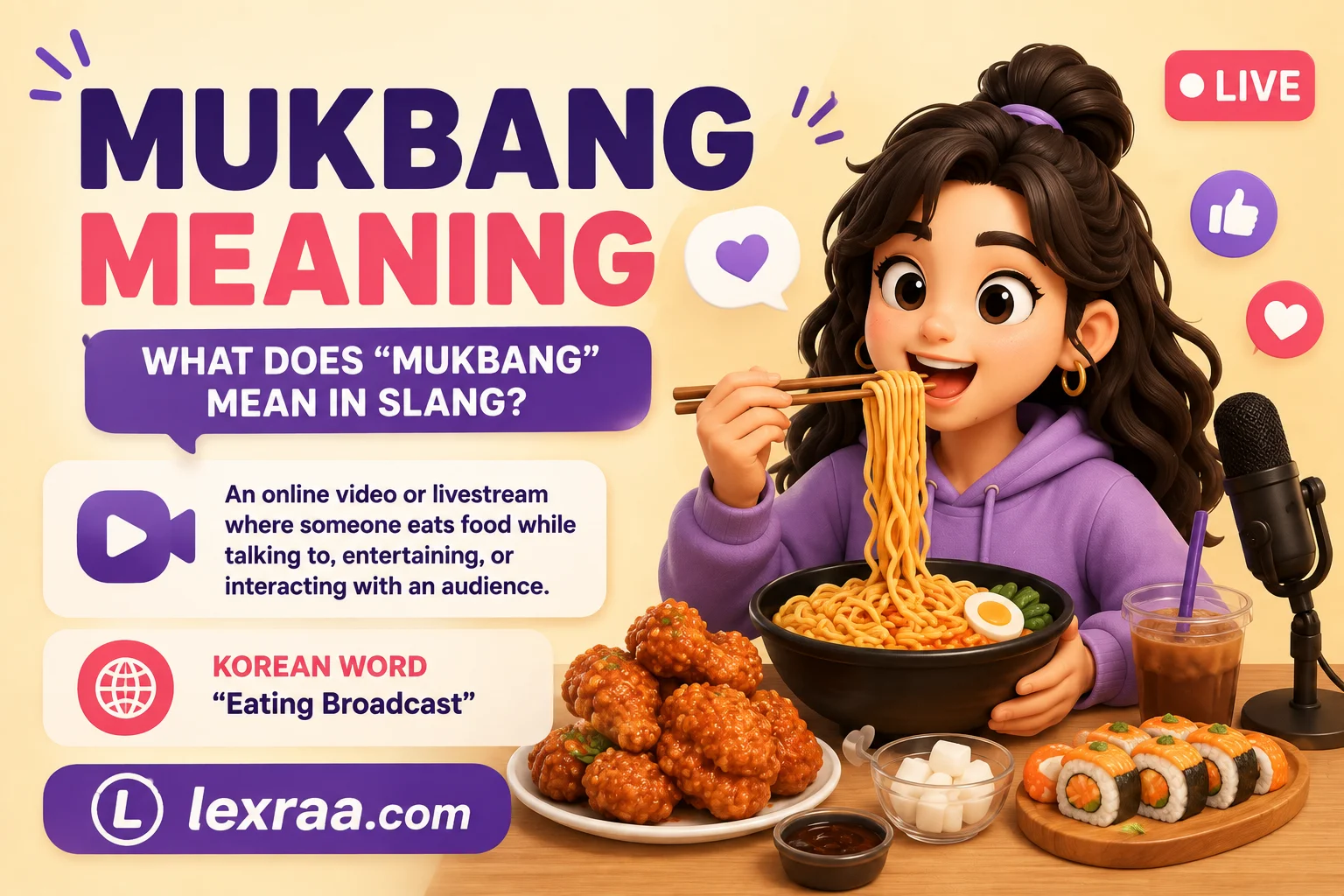 Mukbang meaning” featured image showing a cartoon woman eating noodles during a livestream, with food, a microphone, and social media icons. Text explains mukbang as an online eating broadcast and identifies it as a Korean term meaning “eating broadcast,”