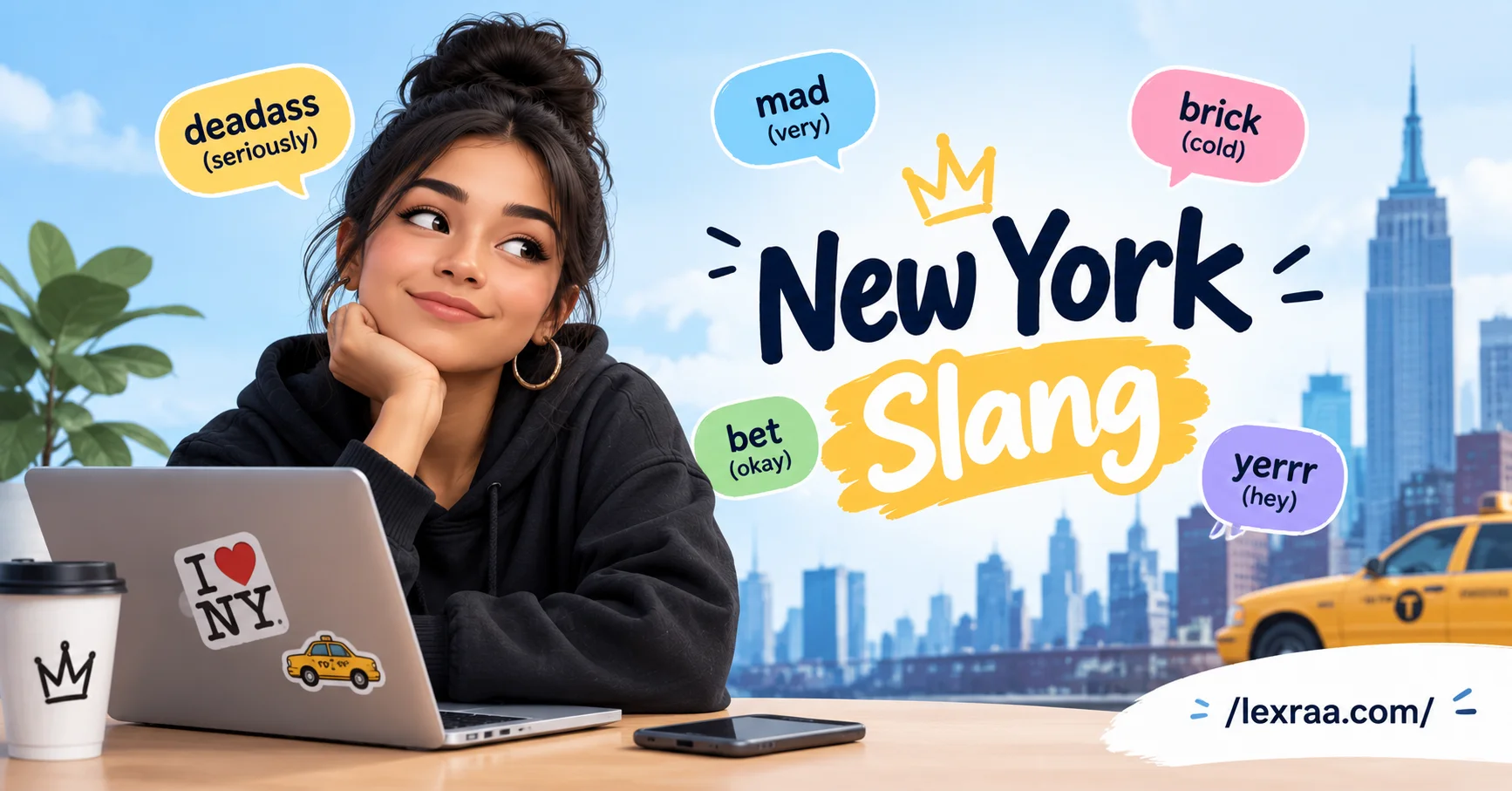 New York slang explained with a woman using a laptop, New York City skyline and yellow taxi in the background, showing “deadass (seriously),” “mad (very),” “brick (cold),” “bet (okay),” and “yerrr (hey),”