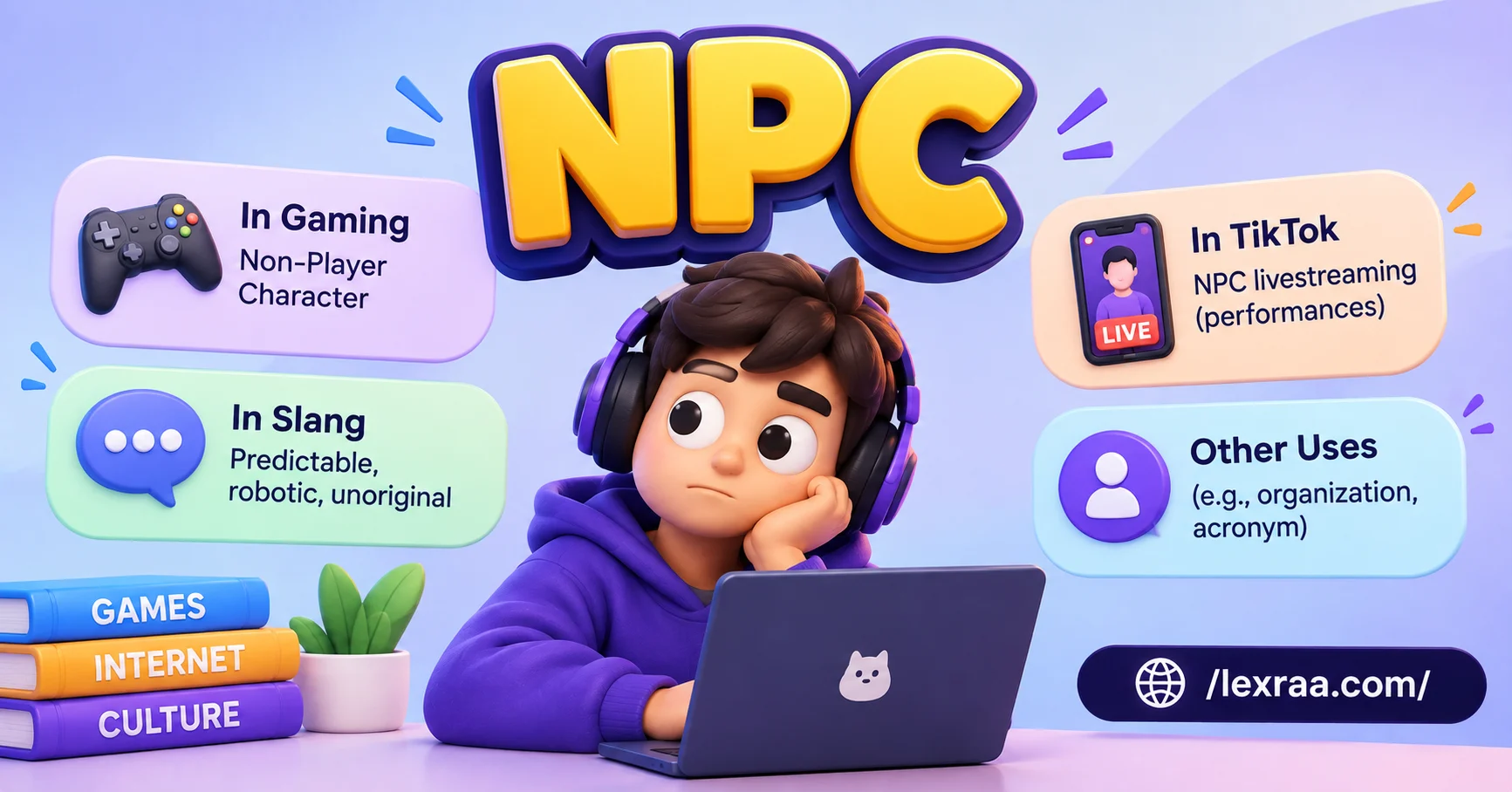 Colorful 3D illustration of a bored cartoon character wearing purple headphones and using a laptop beside the large keyword “NPC,” highlighting its gaming meaning “Non-Player Character,” slang meaning “predictable, robotic, unoriginal,” TikTok NPC livestreaming,