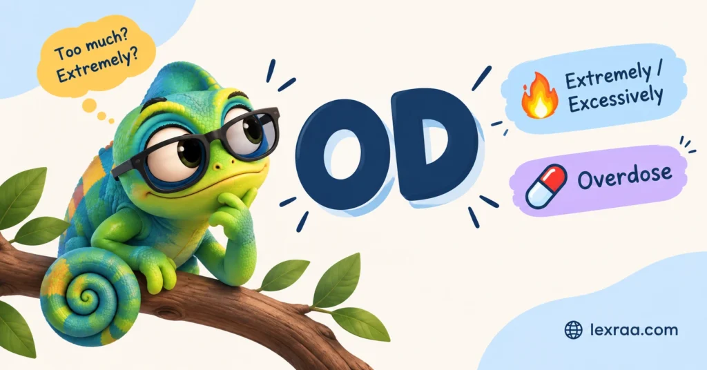 OD meaning in slang, explained with examples of extremely excessive or overdose, featuring a cartoon chameleon wearing glasses