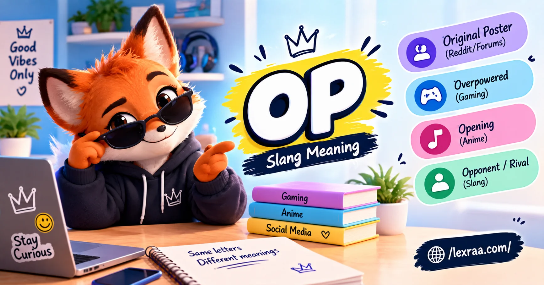 OP meaning slang explained with a colorful 3D cartoon fox wearing sunglasses, showing “Original Poster,” “Overpowered,” “Opening,” and “Opponent / Rival,”