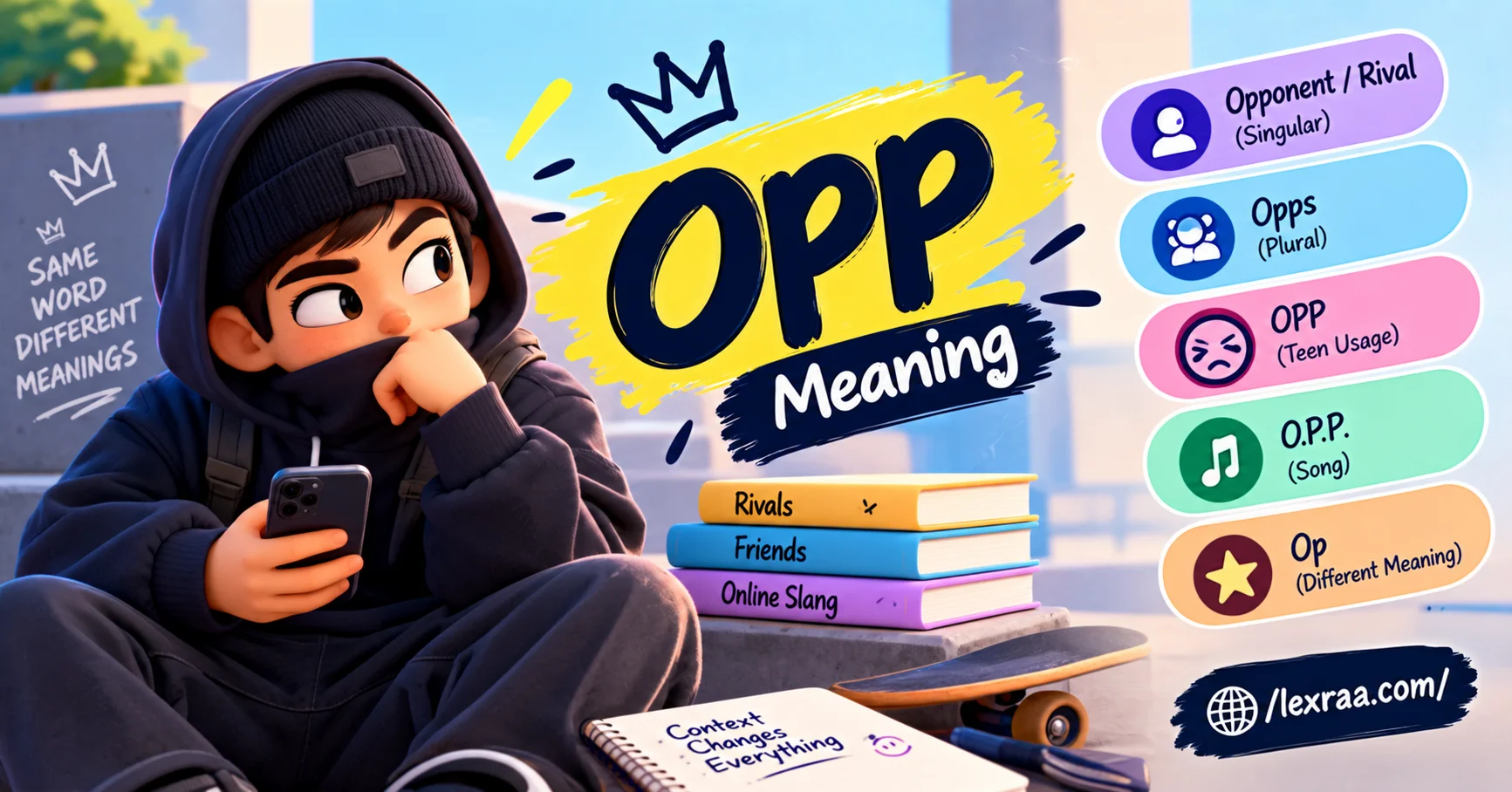 Opp meaning in slang explained with a hooded cartoon teen holding a smartphone, showing “Opponent / Rival,” “Opps,” “OPP (Teen Usage),” “O.P.P. (Song),” and “Op (Different Meaning),”
