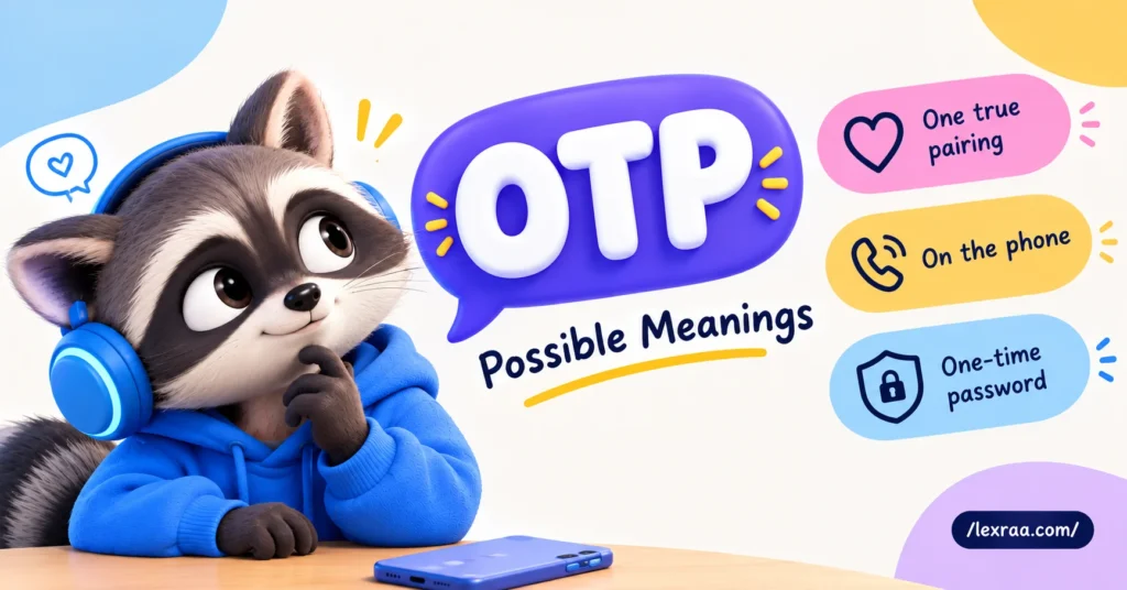 OTP meaning in text, featuring a cartoon raccoon with a smartphone and the possible meanings “One True Pairing,” “On the Phone,” and “One-Time Password.”