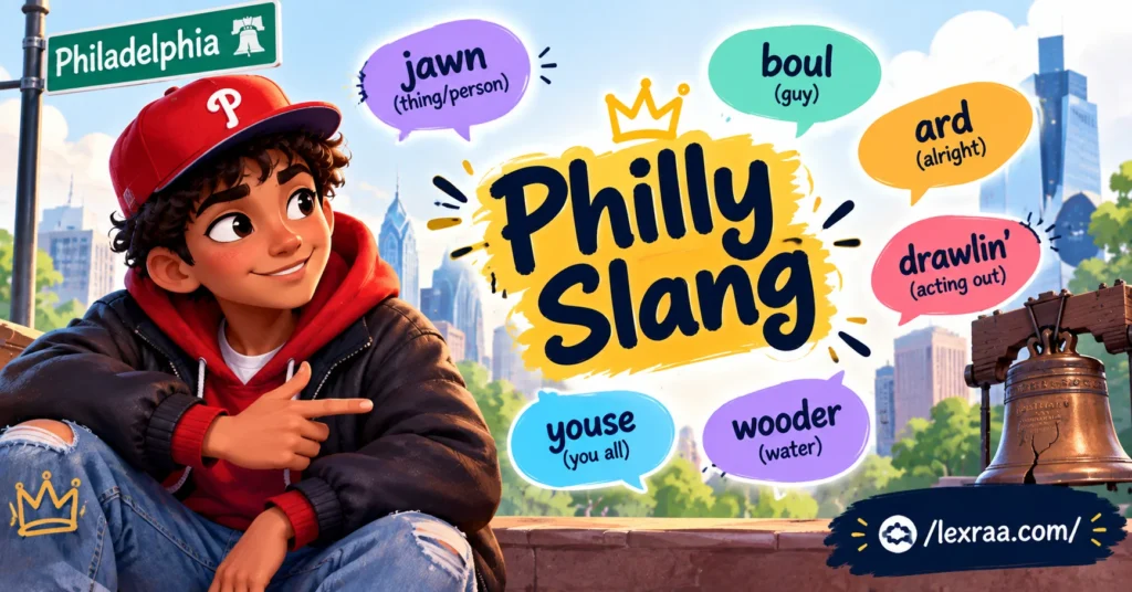 Philly slang featured image with a colorful cartoon character in a red cap and hoodie, showing “jawn,” “boul,” “ard,” “drawlin’,” “youse,” and “wooder,” with Philadelphia landmarks