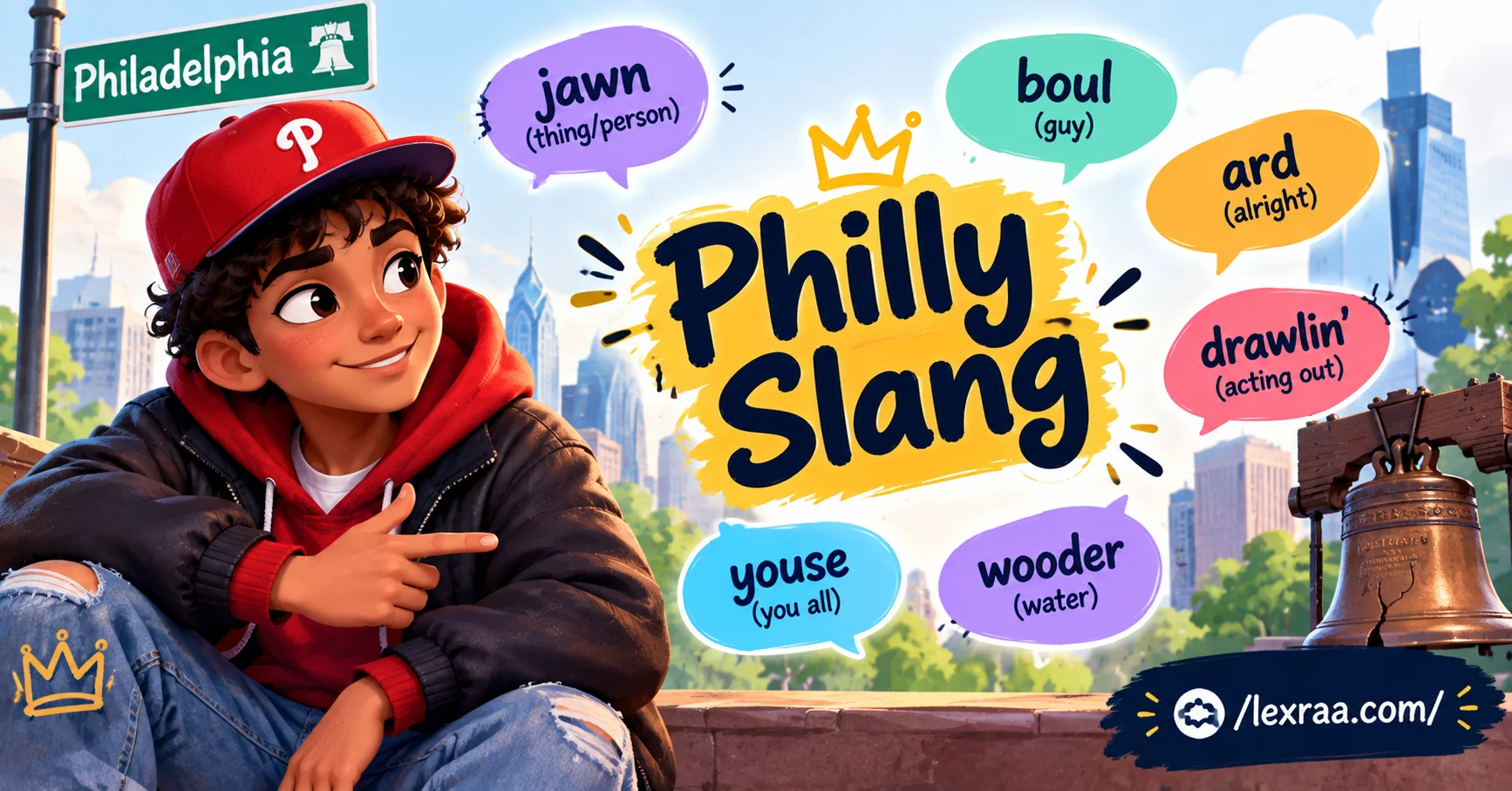 Philly slang featured image with a colorful cartoon character in a red cap and hoodie, showing “jawn,” “boul,” “ard,” “drawlin’,” “youse,” and “wooder,” with Philadelphia landmarks