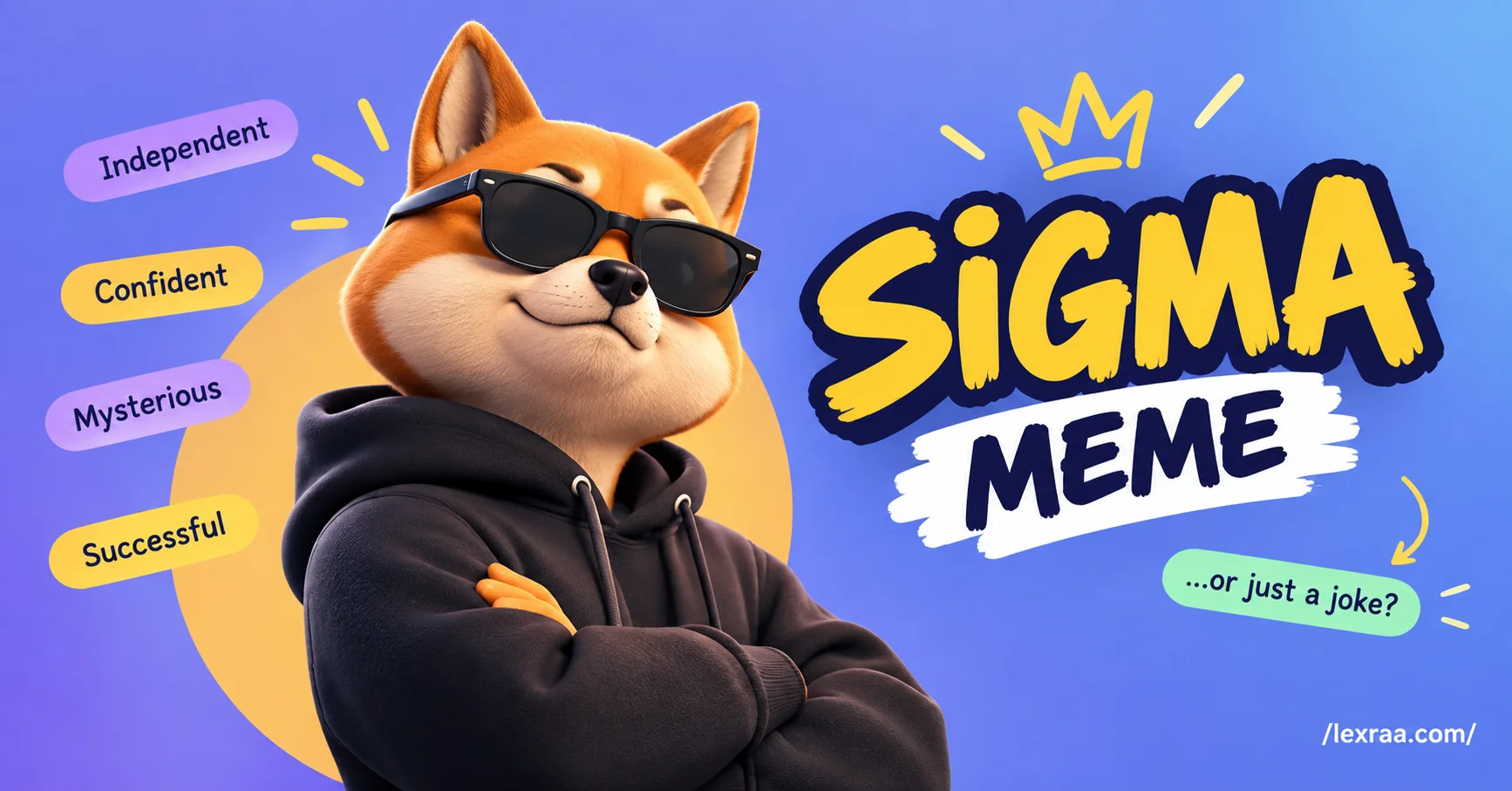 3D cartoon fox wearing sunglasses and a black hoodie beside the prominent text “SIGMA MEME,” with labels for “Independent,” “Confident,” “Mysterious,” and “Successful,”