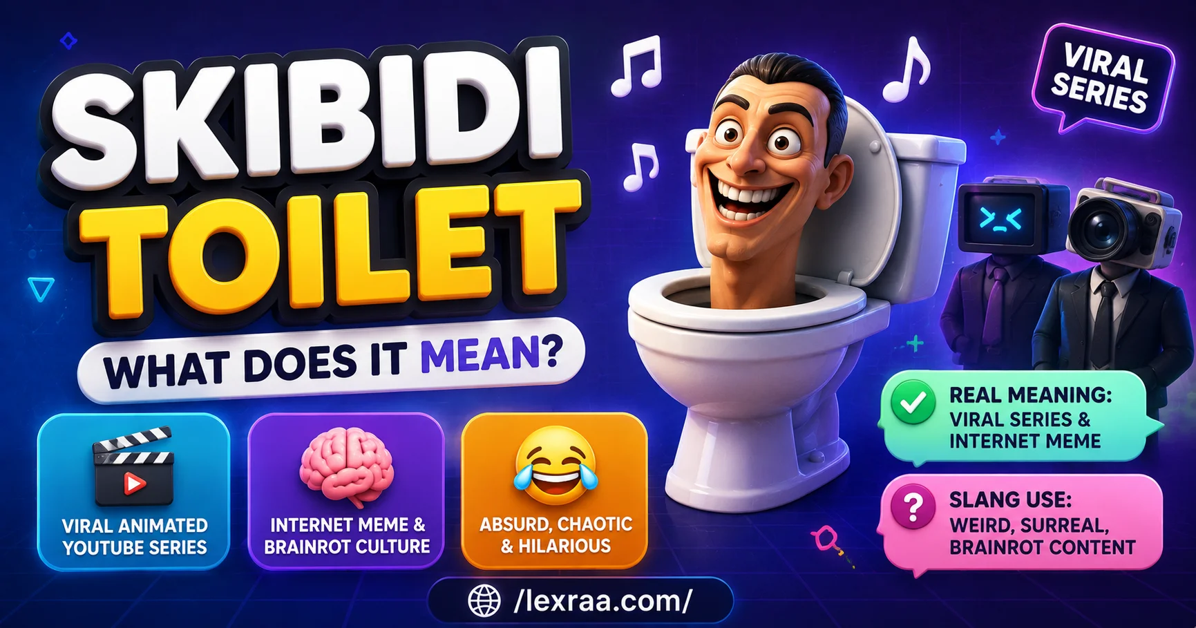 Colorful 3D illustration of “Skibidi Toilet” featuring a humorous toilet character, viral animated YouTube series imagery, brainrot meme culture, and absurd chaotic internet slang,