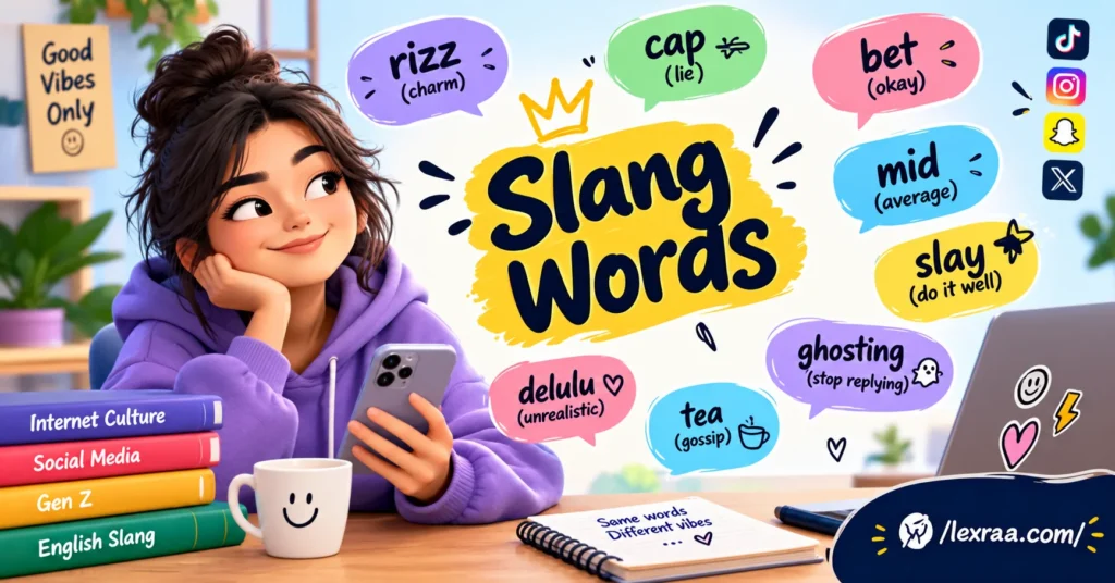 Slang words featured image showing a 3D cartoon character with headphones, surrounded by colorful speech bubbles featuring “Rizz,” “Cap,” “Bet,” “Mid,” “Slay,” “Delulu,” “Ghosting,” and “IYKYK,” with “Meanings • Examples • Real Usage”