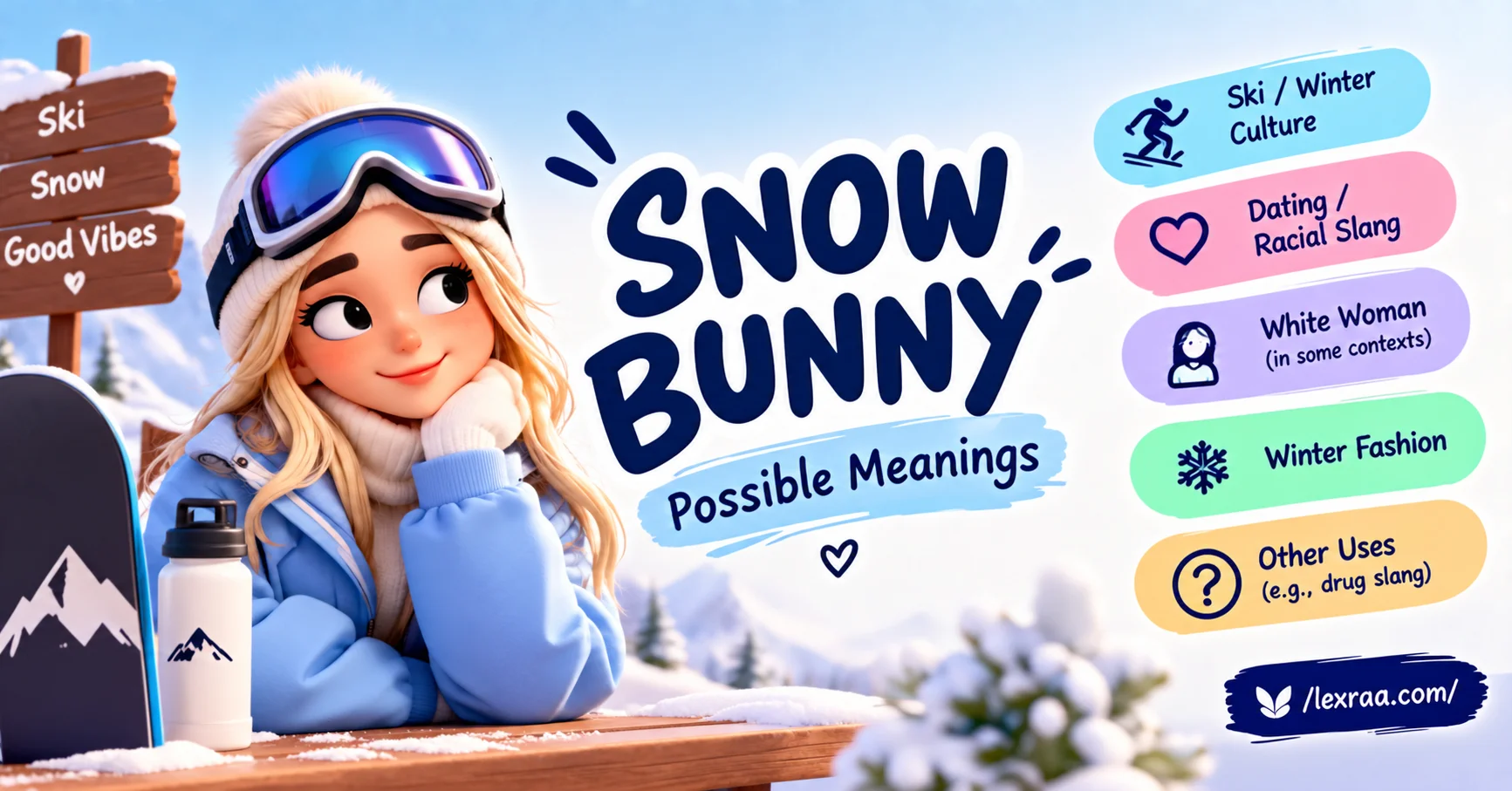Snow Bunny meaning explained with a 3D winter skier character, showing “Ski / Winter Culture,” “Dating / Racial Slang,” “White Woman,” “Winter Fashion,” and “Other Uses,”