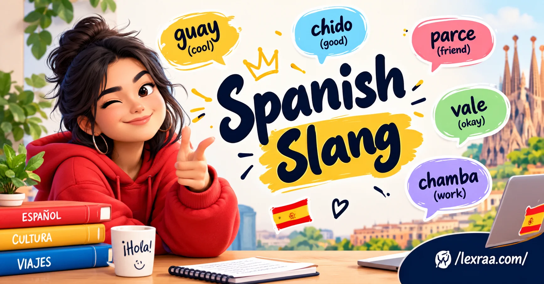 Spanish slang featured image with a 3D character wearing glasses, showing “guay (cool),” “chido (good),” “parce (friend),” “chévere (great),” and “vale (okay),” with Spanish-themed visuals
