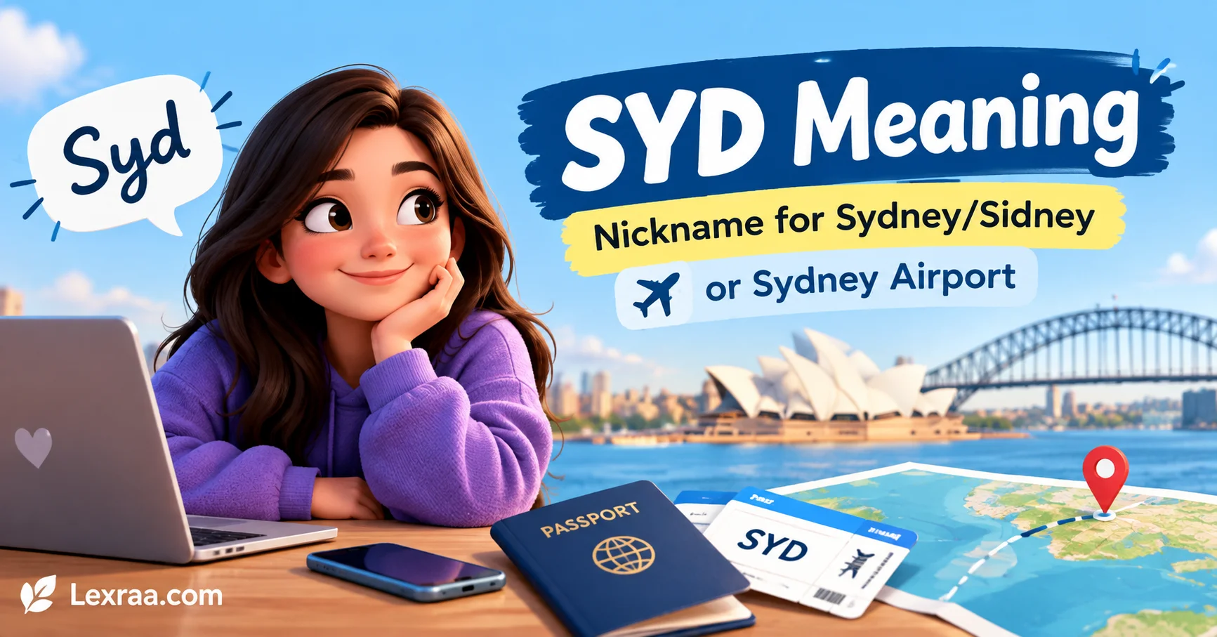 SYD Meaning — nickname for Sydney or Sidney and the Sydney Airport code, shown with a Sydney travel scene, passport, map, and chat elements.