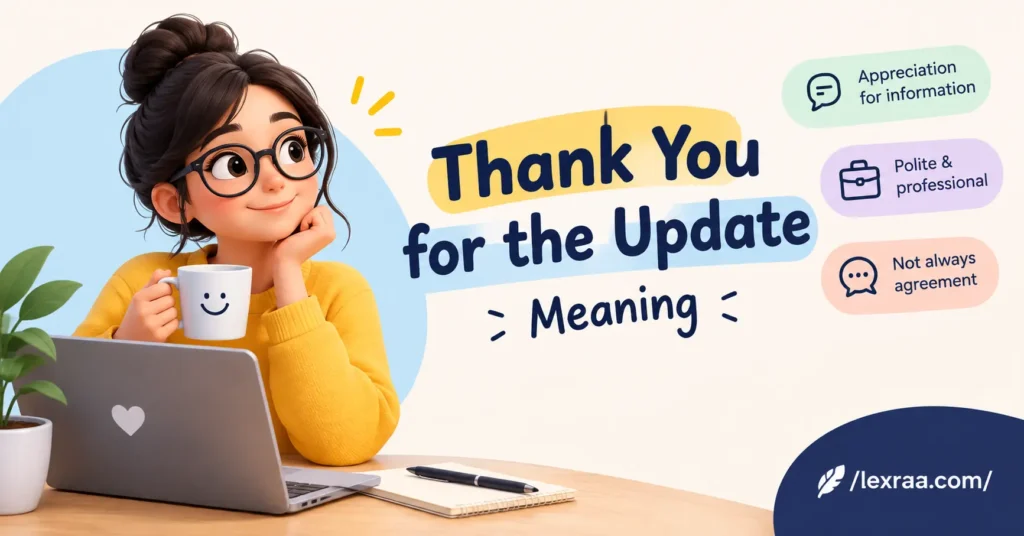 Thank You for the Update meaning explained with a friendly 3D character, showing appreciation for information, polite communication, and that it does not always mean agreement.