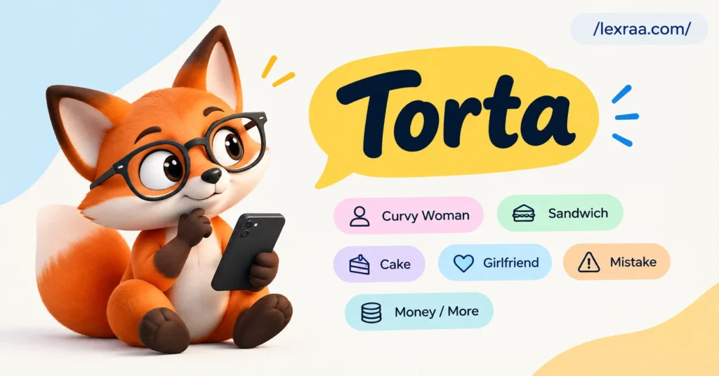 Torta meaning slang explained with a 3D fox character, showing possible meanings including curvy woman, sandwich, cake, girlfriend, mistake, and money.