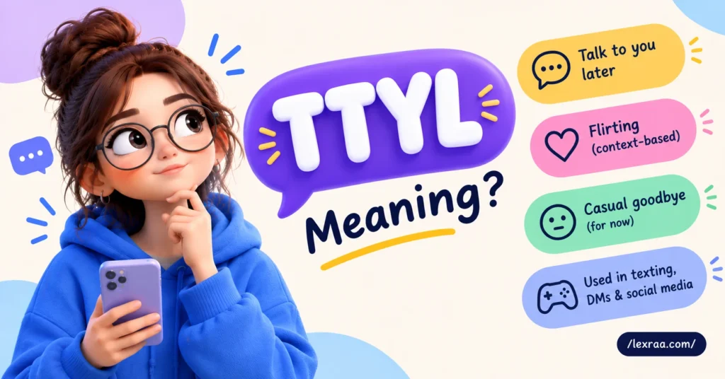 TTYL meaning in text, showing a girl texting with meanings including “Talk to you later,” casual goodbye, and context-based flirting.