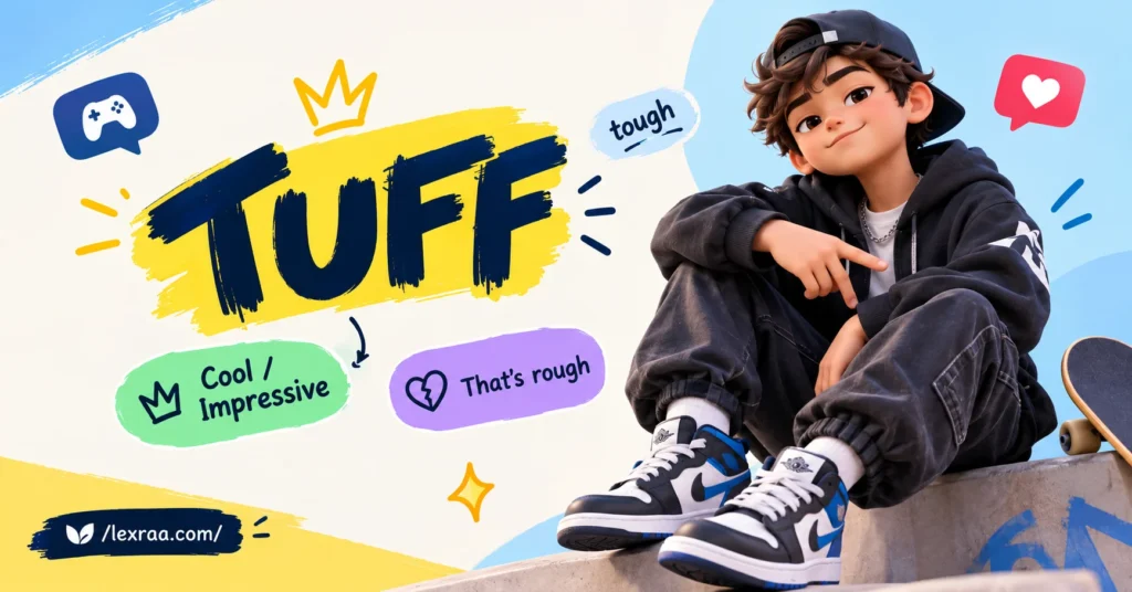 Tuff slang featured image showing a stylish cartoon character in streetwear with “TUFF” prominently displayed, highlighting the meanings “cool/impressive” and “that’s rough,”