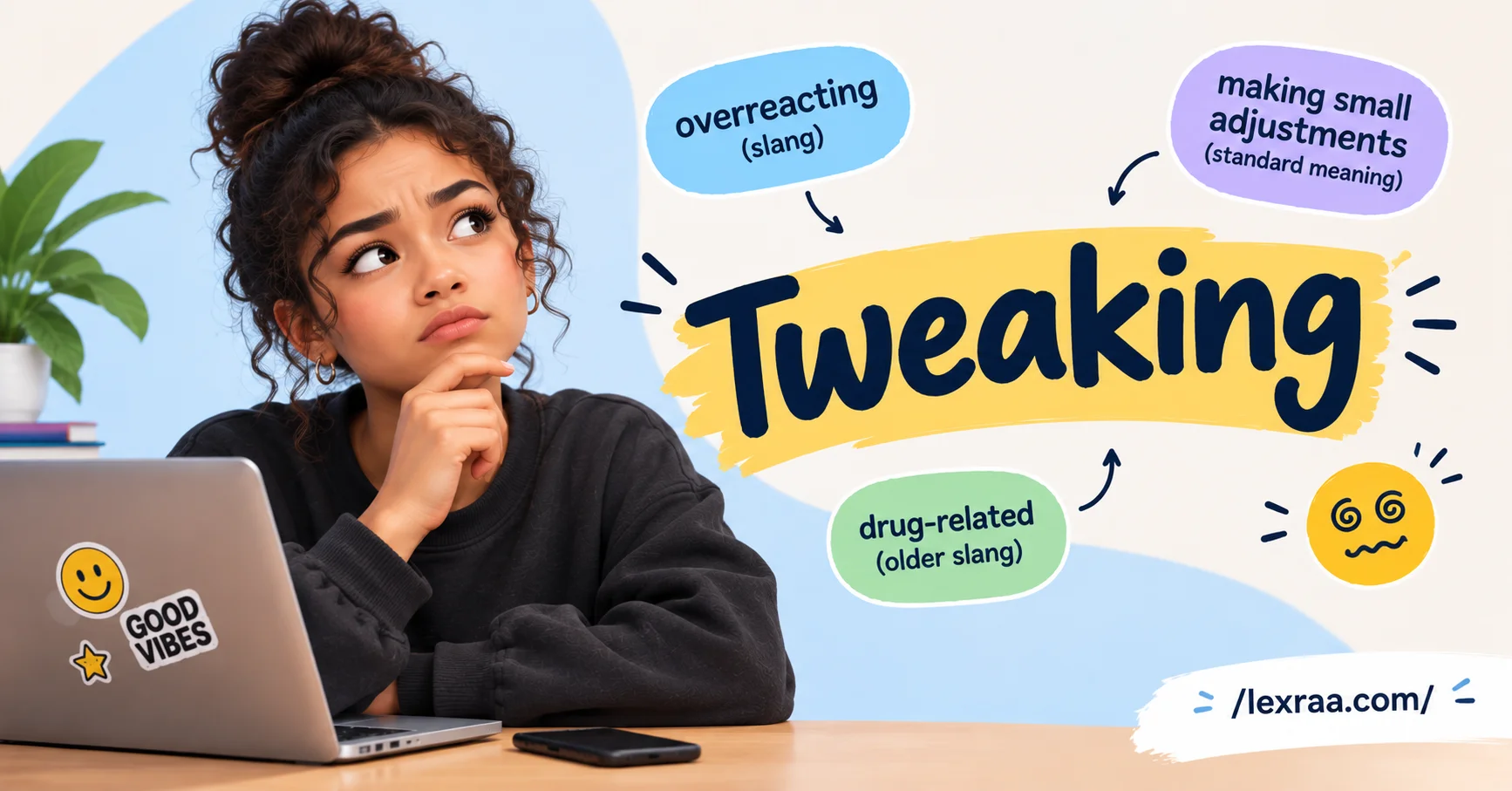 Tweaking slang featured image showing a thoughtful cartoon woman with “Tweaking” prominently displayed alongside meanings including overreacting, making small adjustments, and older drug-related slang,