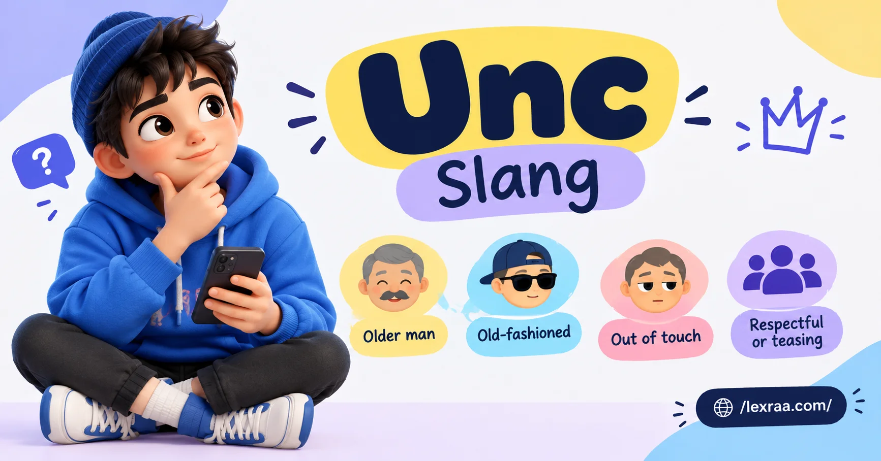 Unc slang featured image showing a cartoon character with “Unc Slang” and meanings like older man, old-fashioned, out of touch, and respectful or teasing,