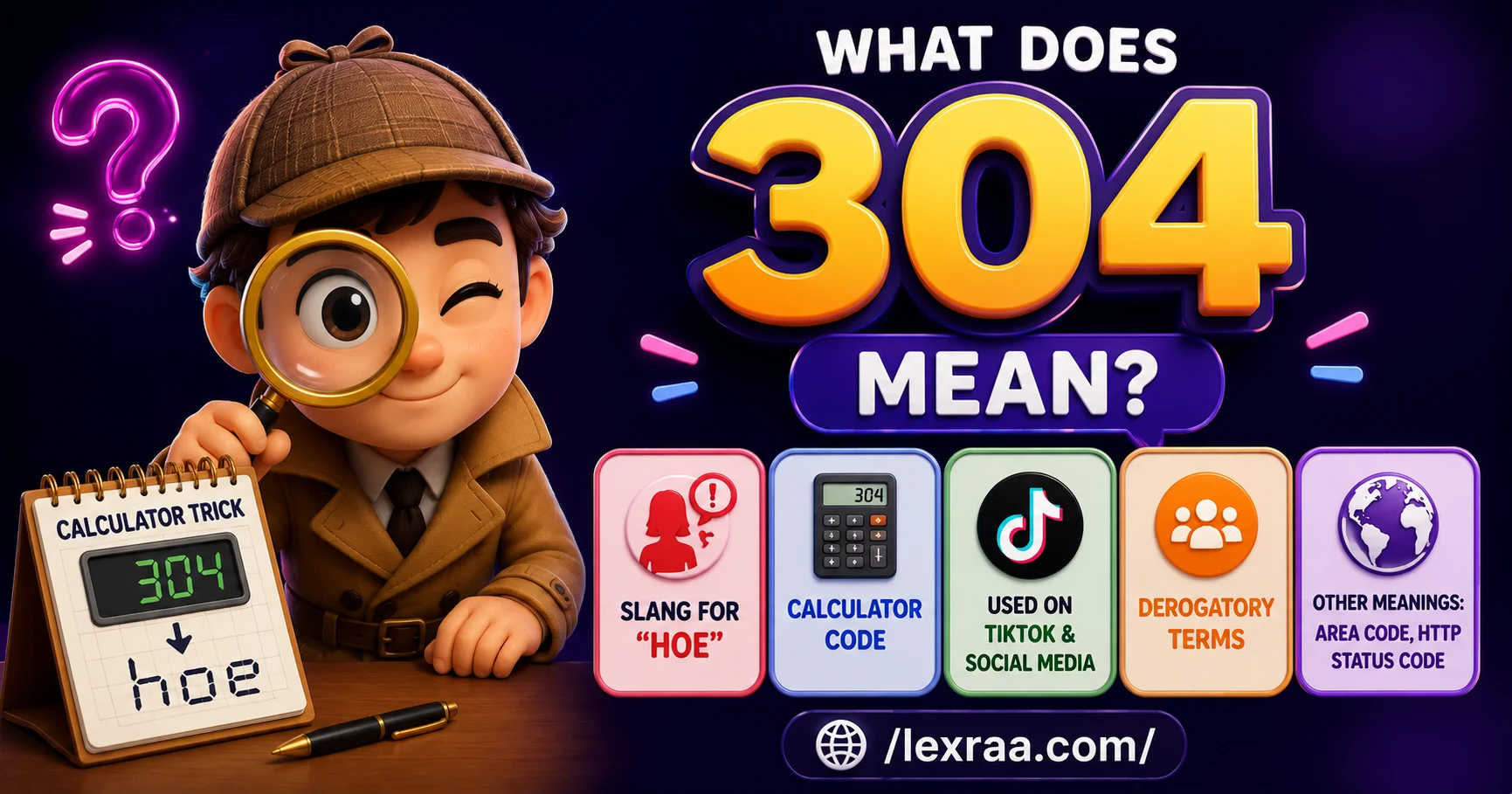 3D cartoon detective examining the meaning of “304,” with a calculator showing the upside-down “hoe” word trick, plus panels highlighting 304 as slang, a derogatory term, TikTok/social media usage, and other meanings such as an area code and HTTP status code,