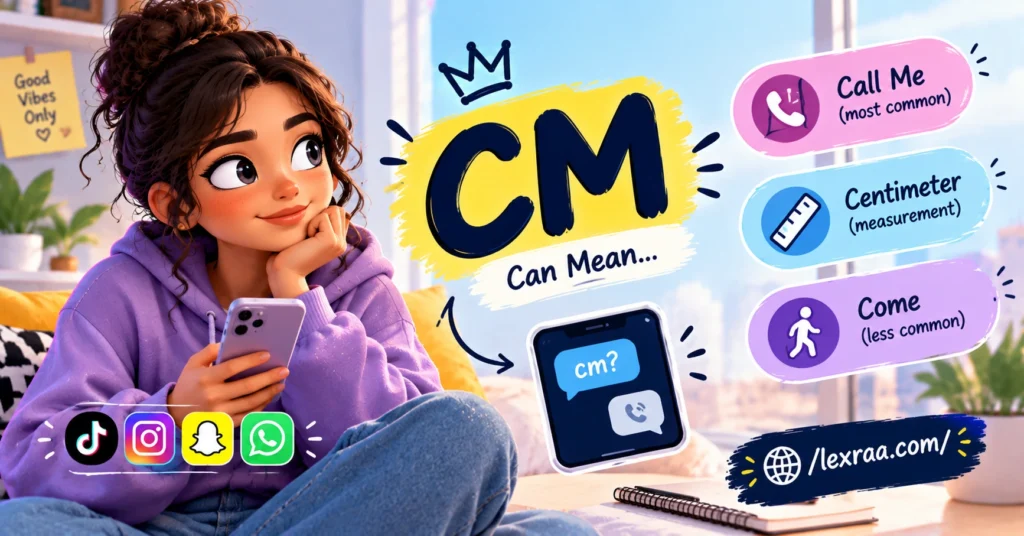 CM meaning in text featured image showing a 3D cartoon woman with a smartphone, “Call Me,” “Centimeter (measurement),” “Come (less common),”