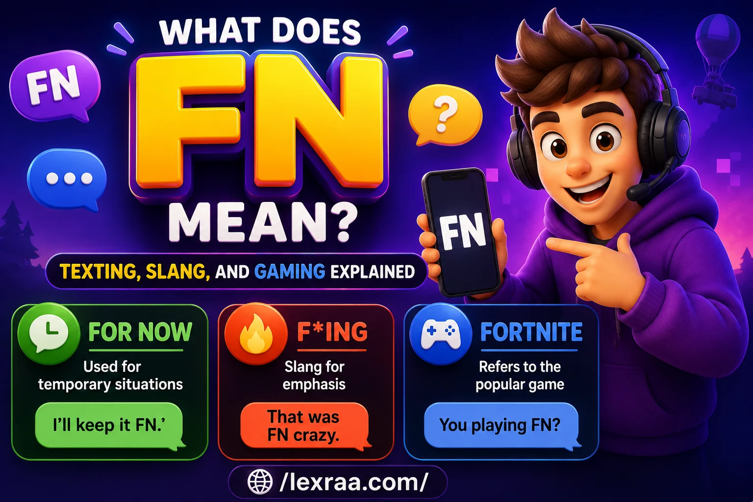 Colorful 3D gaming-themed infographic showing “FN” with a cartoon gamer holding a smartphone, explaining the meanings “For Now,” “F*ing” for emphasis, and “Fortnite,” with “Texting, Slang, and Gaming Explained”