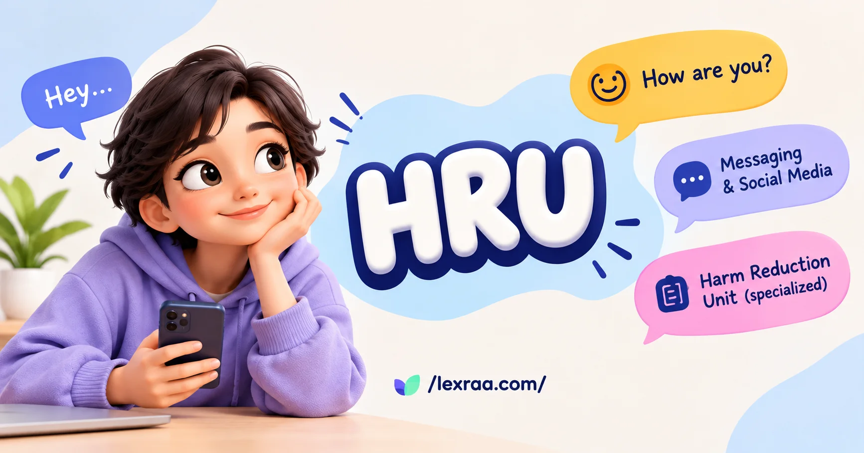 3D cartoon character holding a smartphone beside bold “HRU” text, with speech bubbles showing “How are you?”, “Messaging & Social Media,” and “Harm Reduction Unit (specialized),” for a Lexraa slang guide.