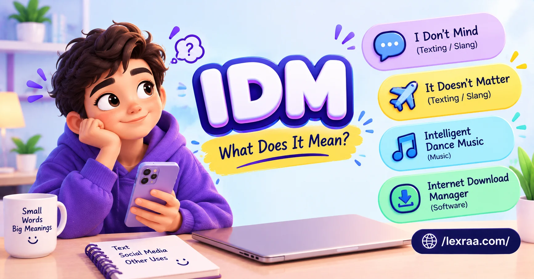 Colorful 3D illustration featuring a cartoon character holding a smartphone beside the keyword “IDM,” highlighting “I Don’t Mind,” “It Doesn’t Matter,” “Intelligent Dance Music,” and “Internet Download Manager,”