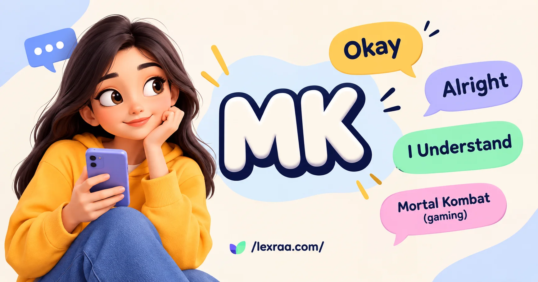 3D cartoon woman holding a smartphone beside “MK,” with speech bubbles showing “Okay,” “Alright,” “I Understand,” and “Mortal Kombat (gaming),” for a slang meaning guide on Lexraa.