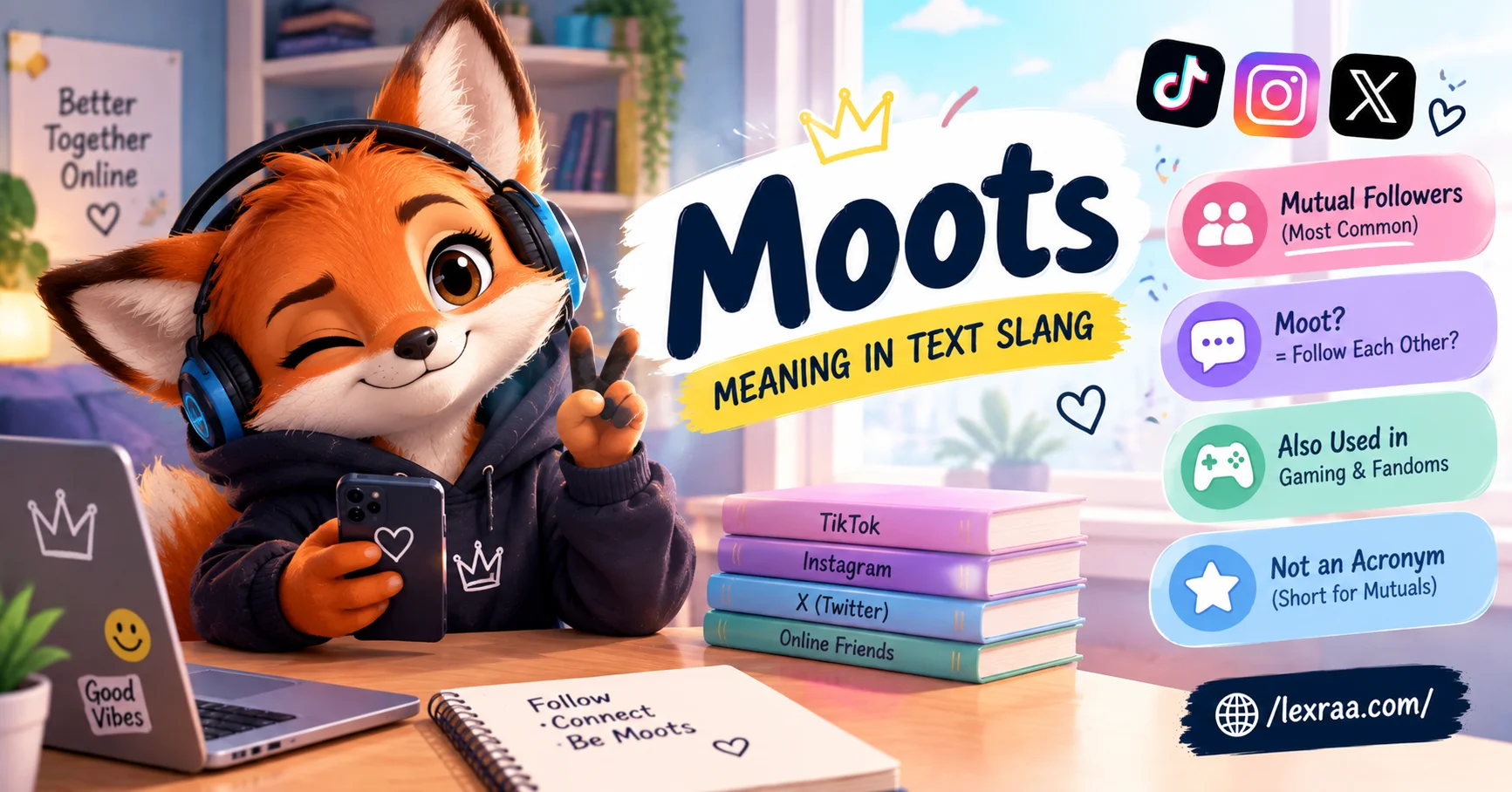3D cartoon fox wearing headphones and holding a smartphone beside the word “Moots,” with social media icons and colorful panels explaining moots as mutual followers,
