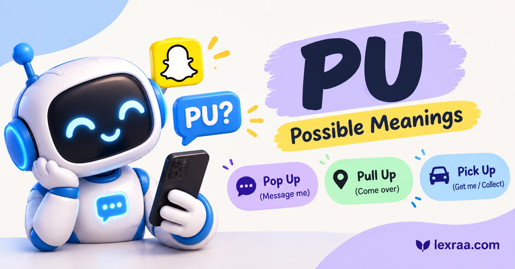 PU meaning on Snapchat explained with a friendly 3D robot holding a smartphone, showing possible meanings “Pop Up,” “Pull Up,” and “Pick Up,”