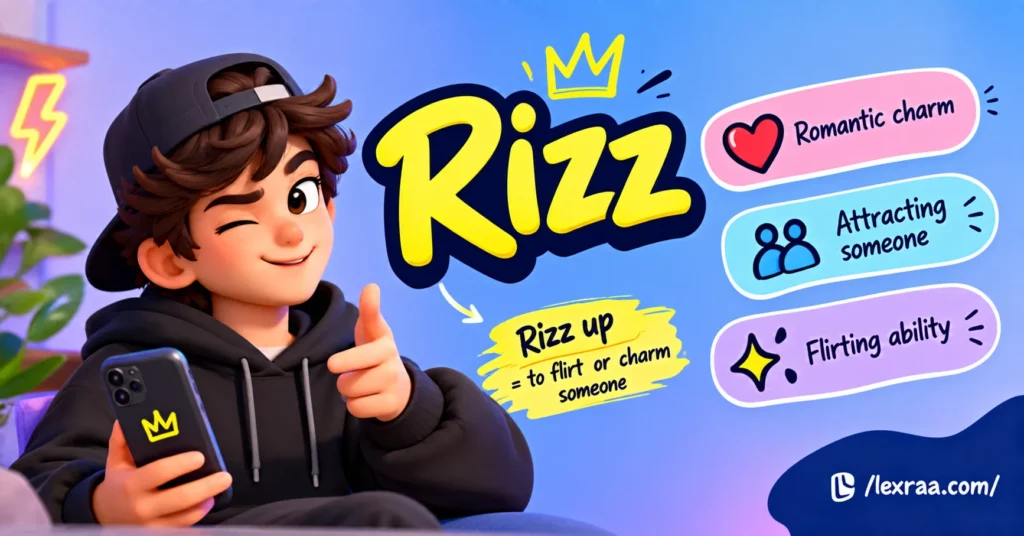 Rizz slang meaning explained with a 3D cartoon character holding a smartphone, showing “Romantic charm,” “Attracting someone,” “Flirting ability,” and “Rizz up = to flirt or charm someone,”