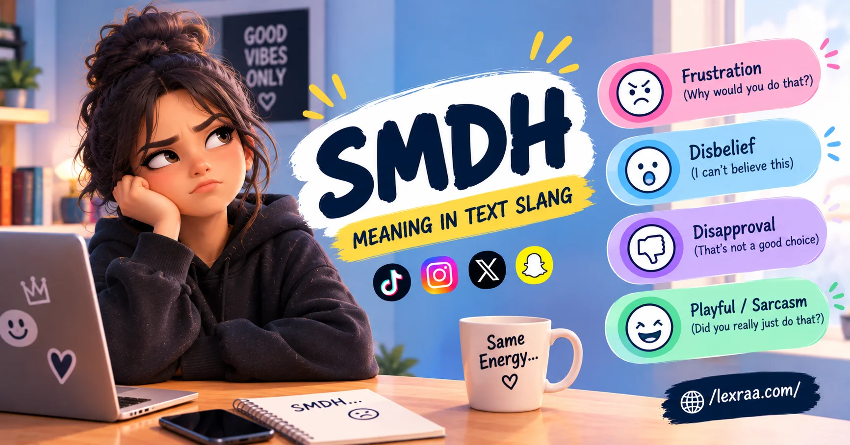 3D illustration of a frustrated person holding a smartphone beside the bold term “SMDH,” with icons and labels showing frustration, disbelief, disapproval, and playful sarcasm,