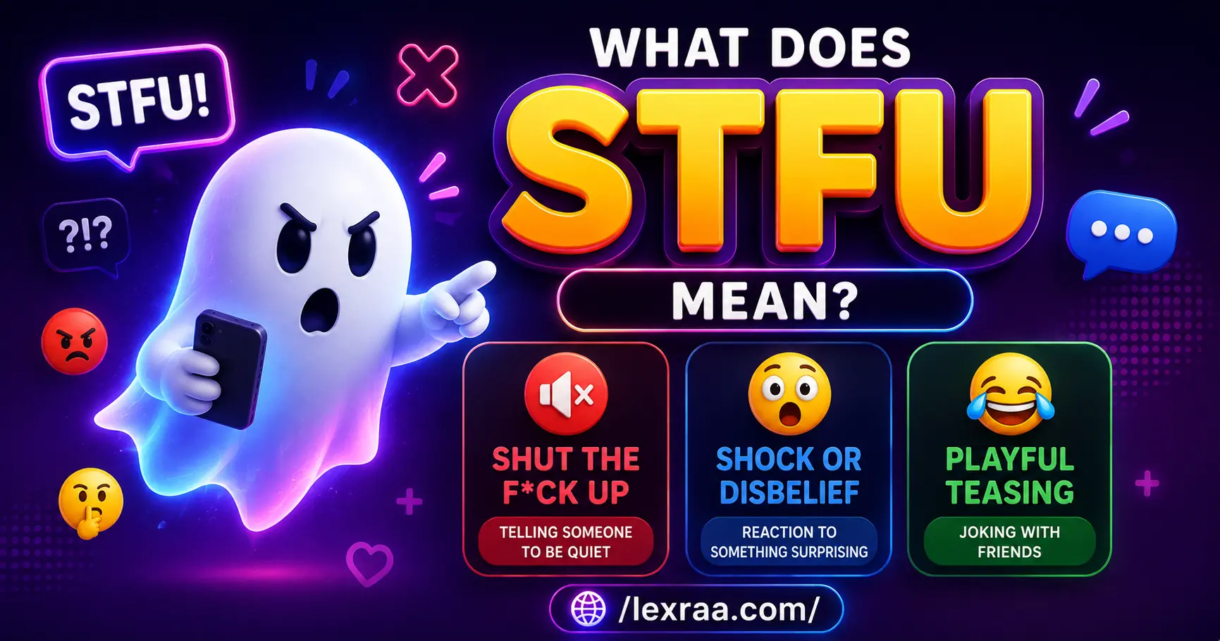 Colorful 3D ghost character holding a smartphone and reacting to “STFU,” with the meanings “Shut the F*ck Up,” “Shock or Disbelief,” and “Playful Teasing,”