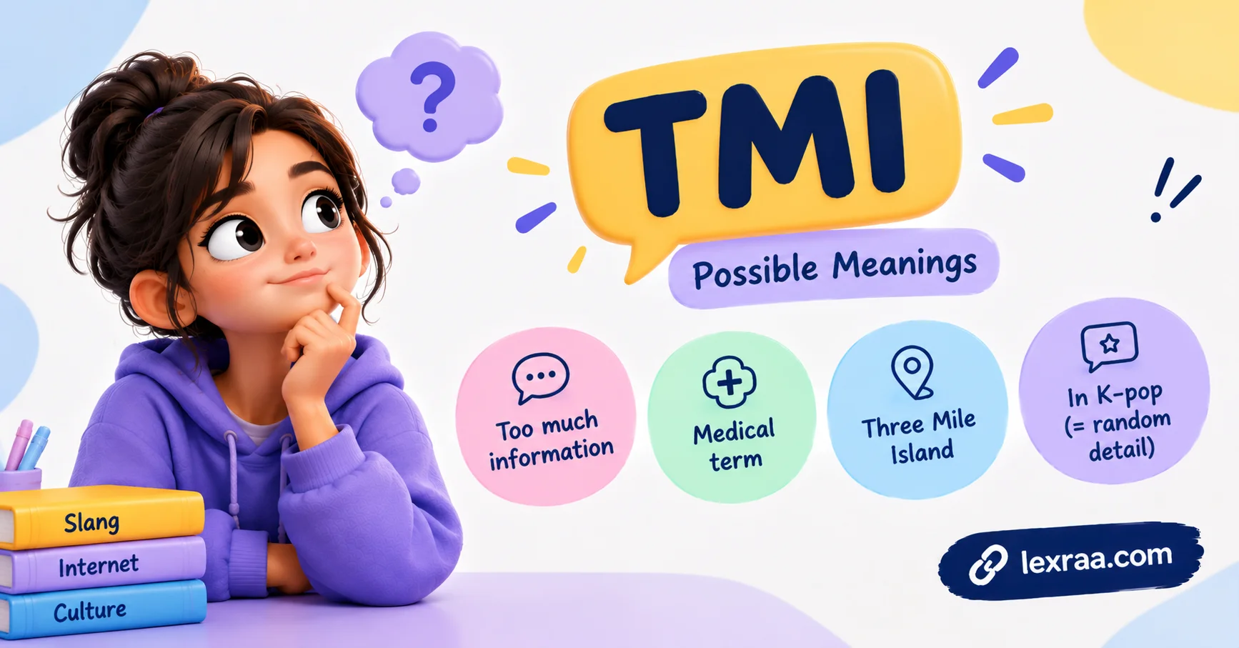TMI meaning featured image showing a 3D character beside a large “TMI” speech bubble, with possible meanings including “Too Much Information,” “Medical Term,” “Three Mile Island,” and a K-pop random-detail reference.
