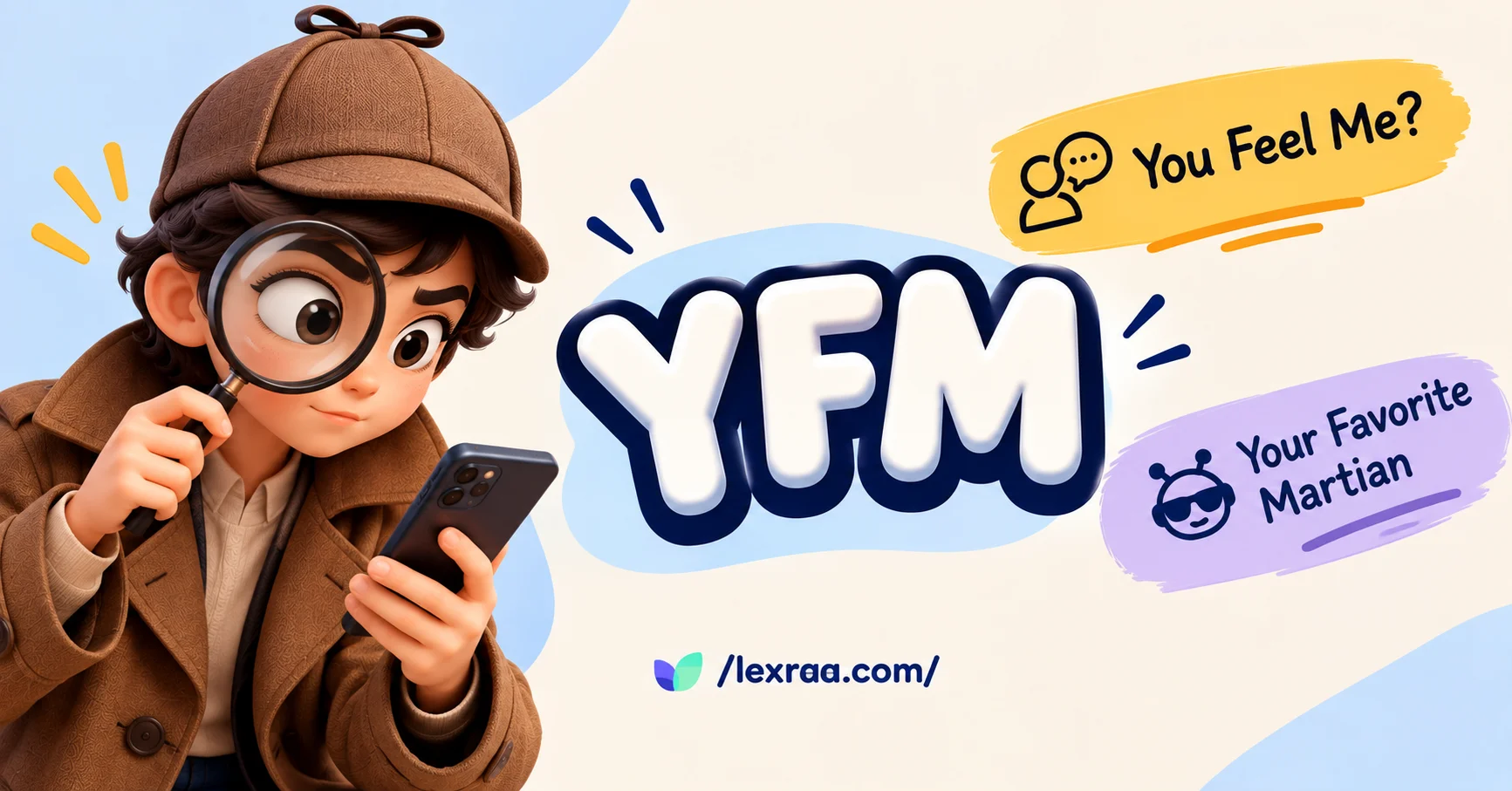 3D cartoon detective holding a smartphone and magnifying glass beside bold “YFM,” with “You Feel Me?” and “Your Favorite Martian” meanings, branded /lexraa.com/.